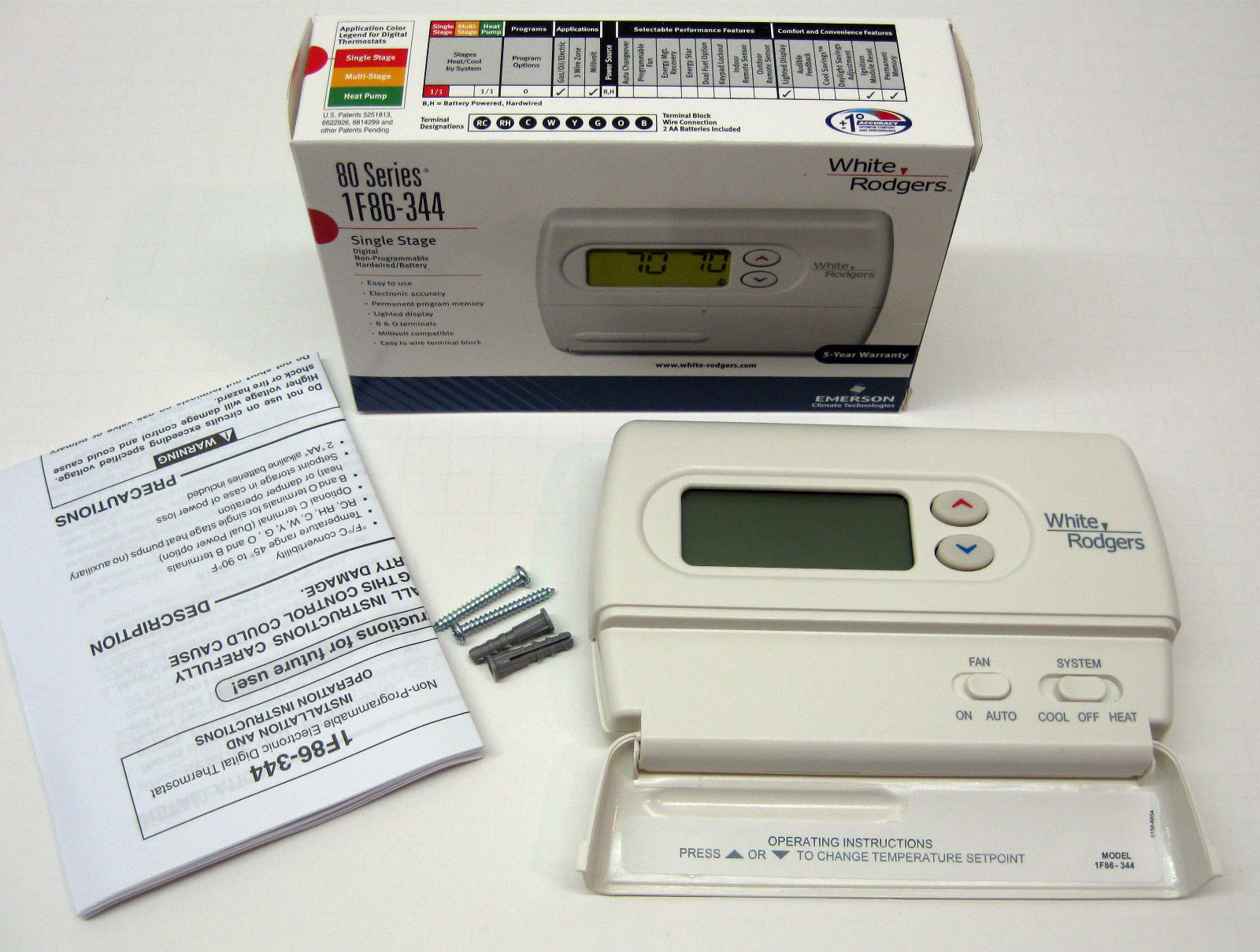 1F86-344 White Rodgers Wall Thermostat Heat Cool Non Programmable Single Stage