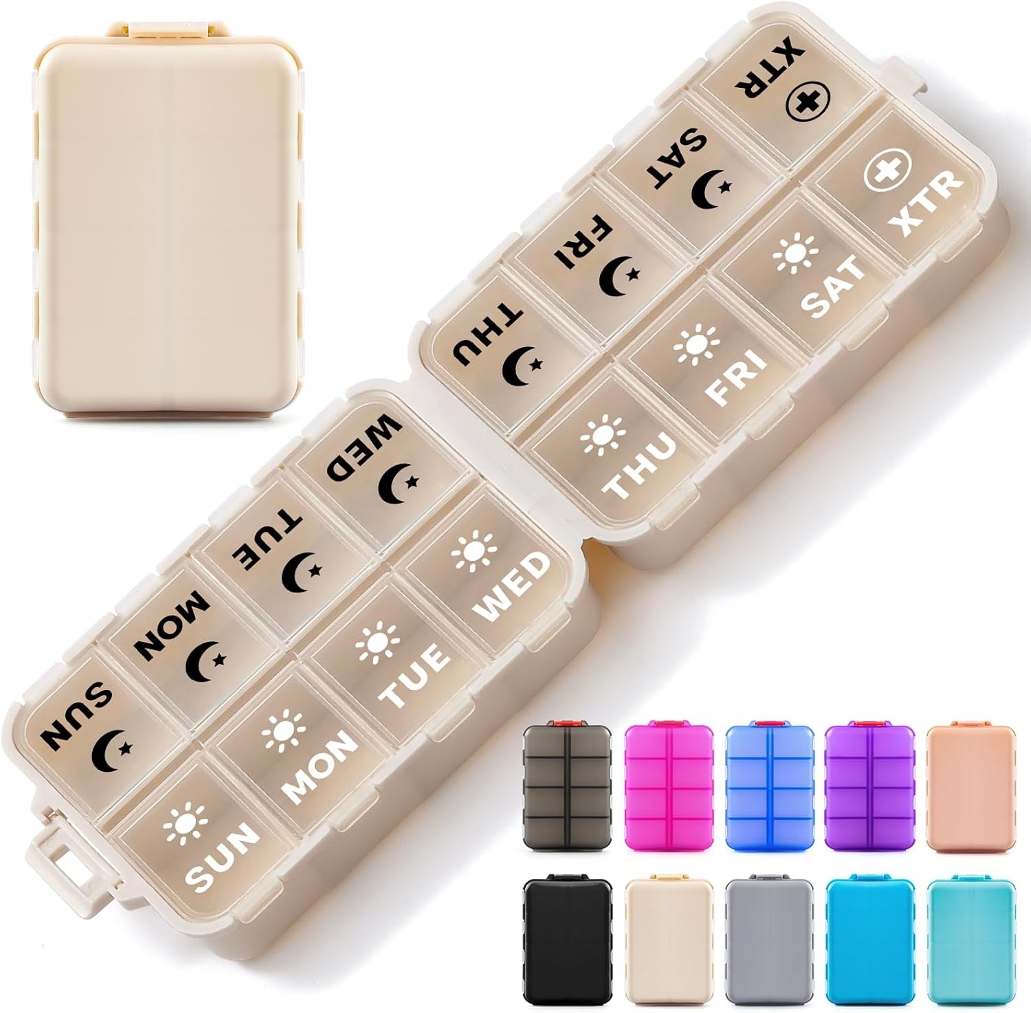 Foldable Weekly Pill Organizer 2 Times a Day with 2 Extra Compartments (