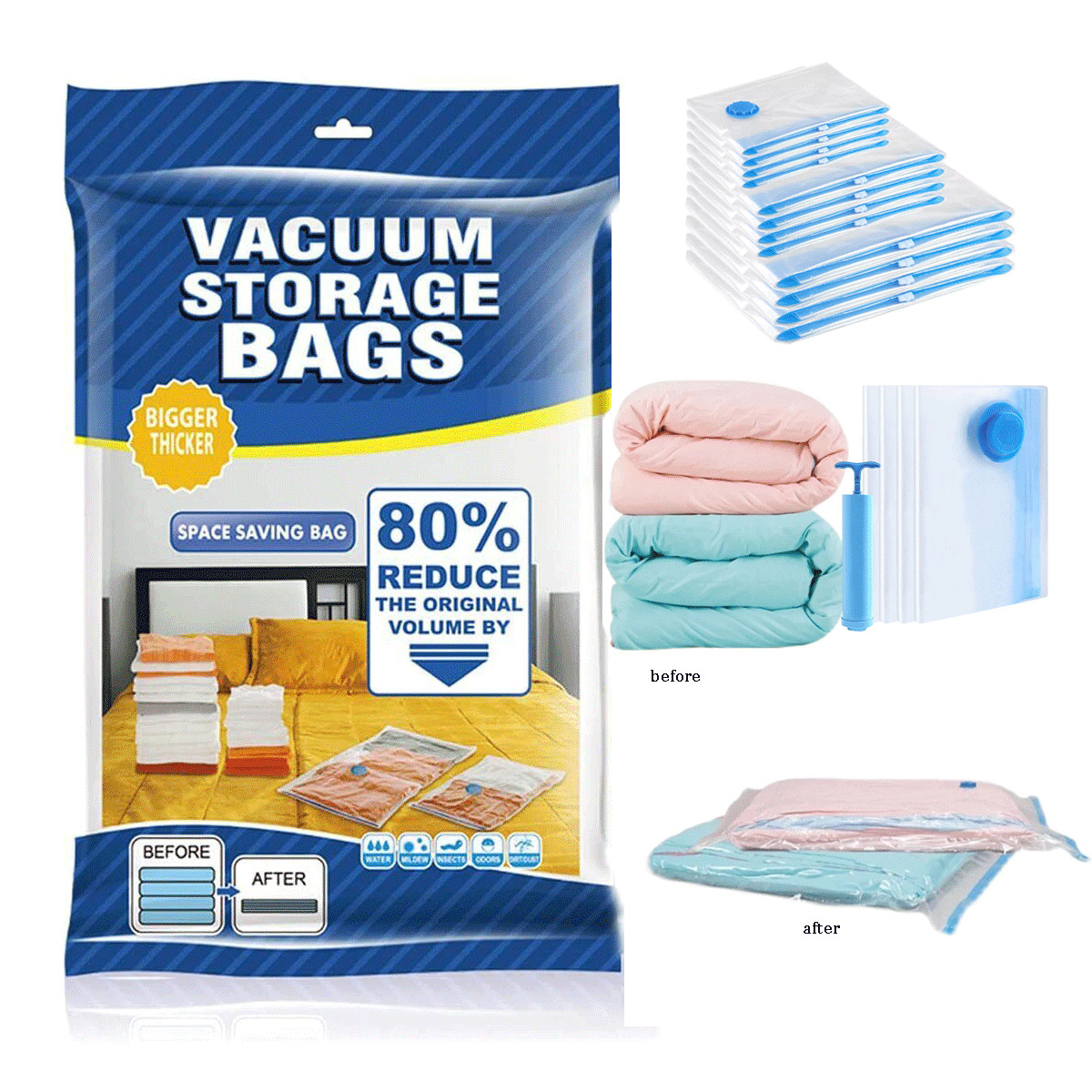 12 Pack Vacuum Storage Bags - 2 Jumbo, 5 Large, 5 Medium - Space Saver+Hand Pump