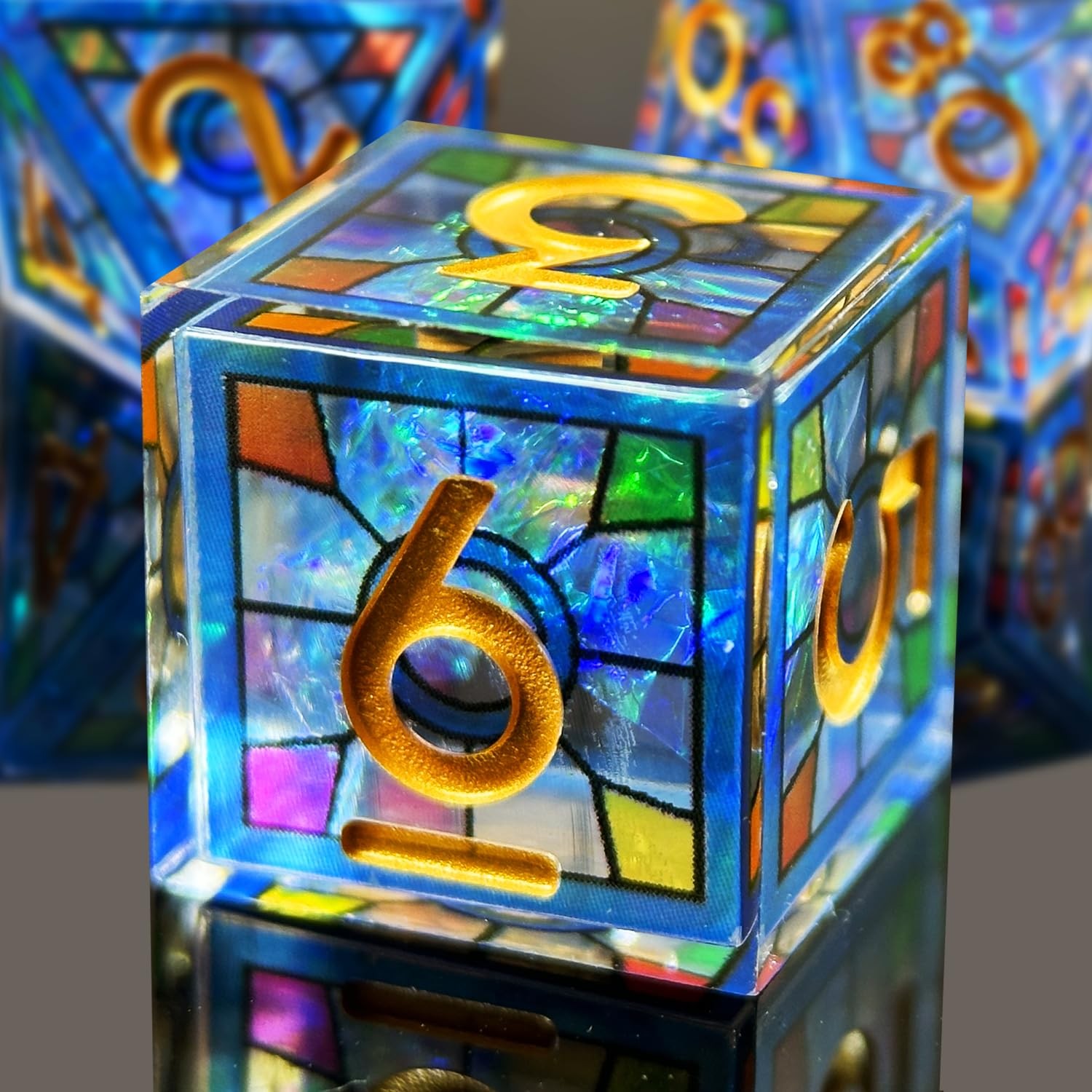 Double Layered Resin Dice Set 7pcs/ Stained Glass Effect & Gold Numbers/Sharp...