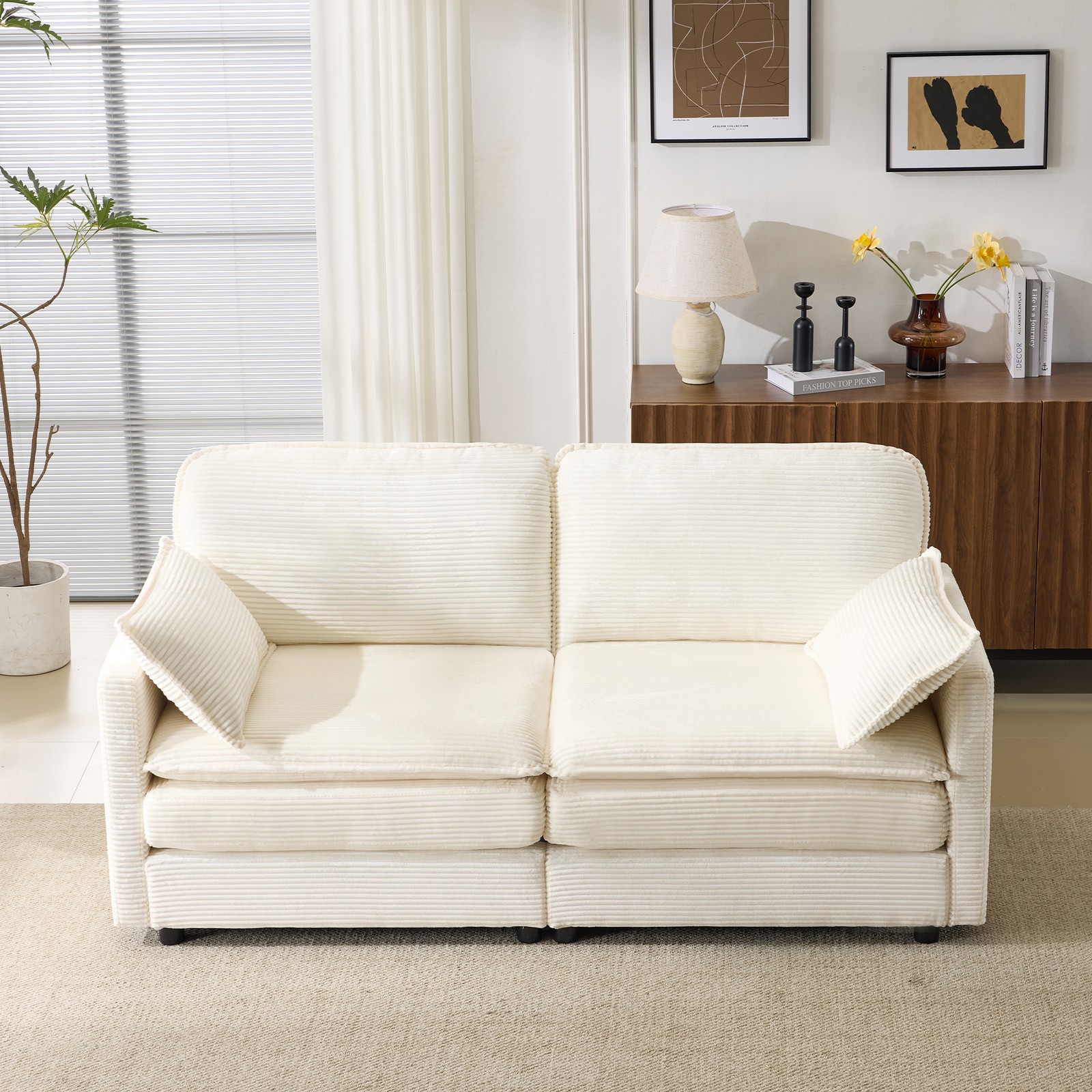 69" Plush Cloud Loveseat Sofa with Beige Corduroy Cushions