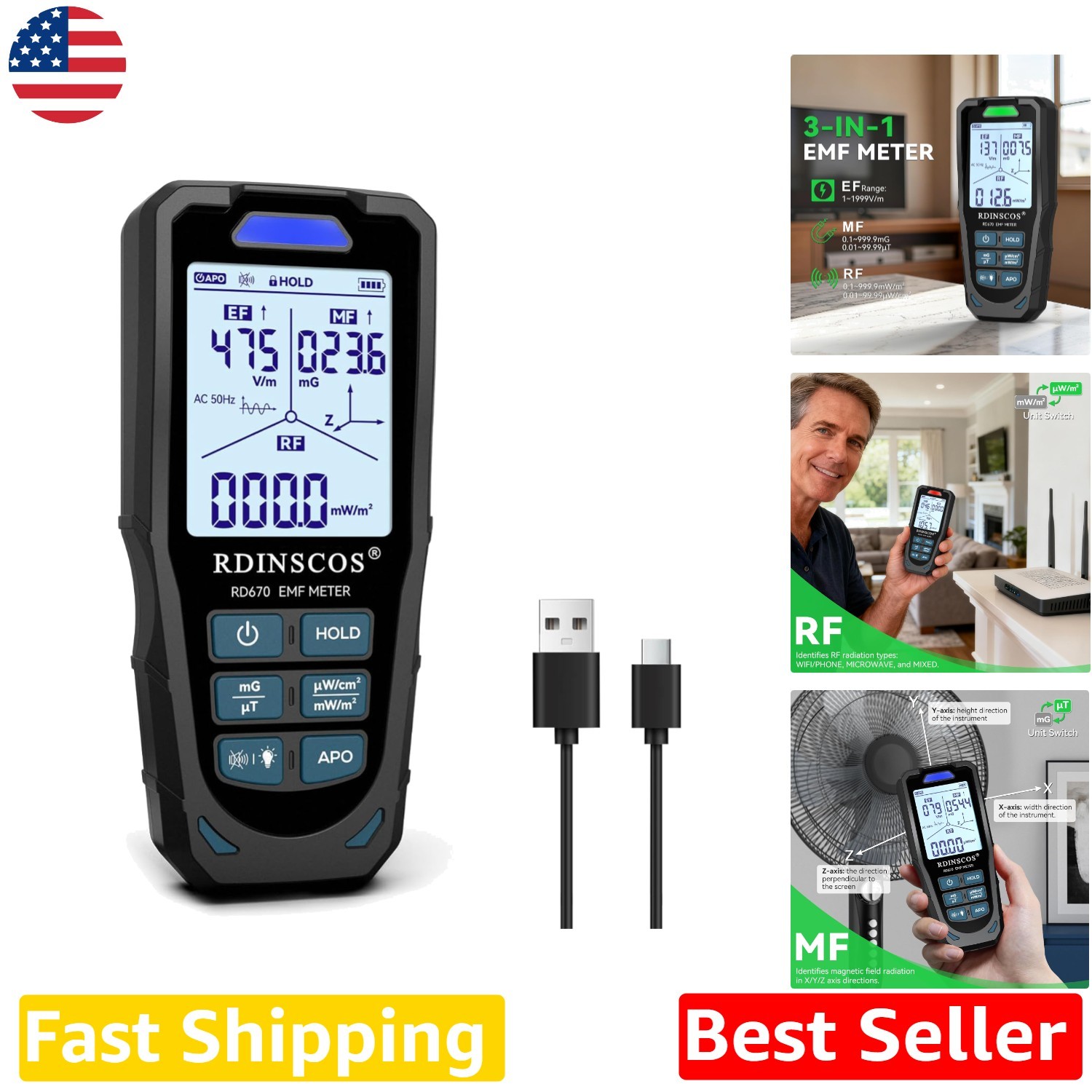 EMF Meter 5G RF Detector Up to 10GHz Electric Magnetic Fields