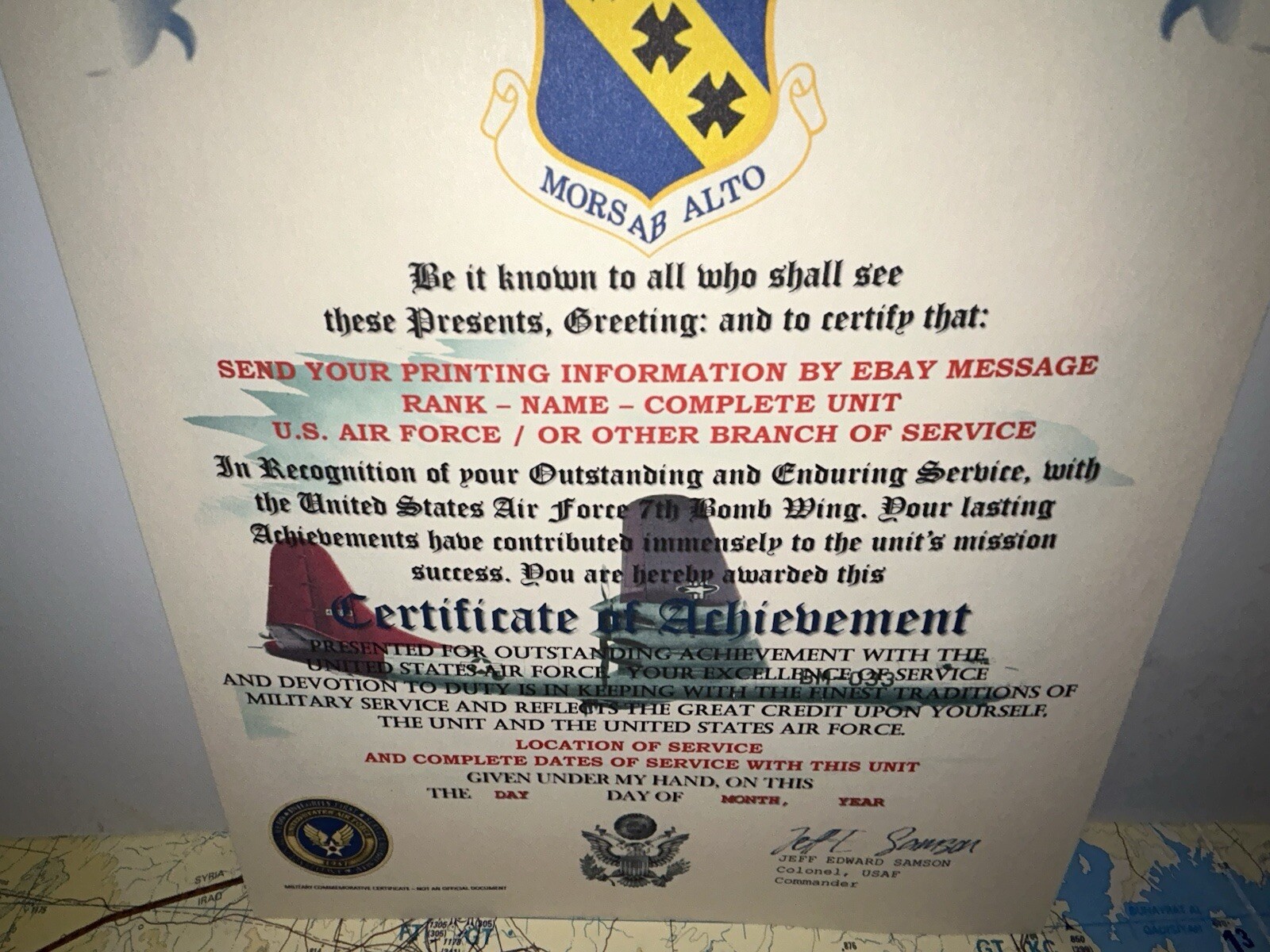 U.S.A.F. / AIR FORCE 7TH BOMB WING - CERTIFICATE OF ACHIEVEMENT