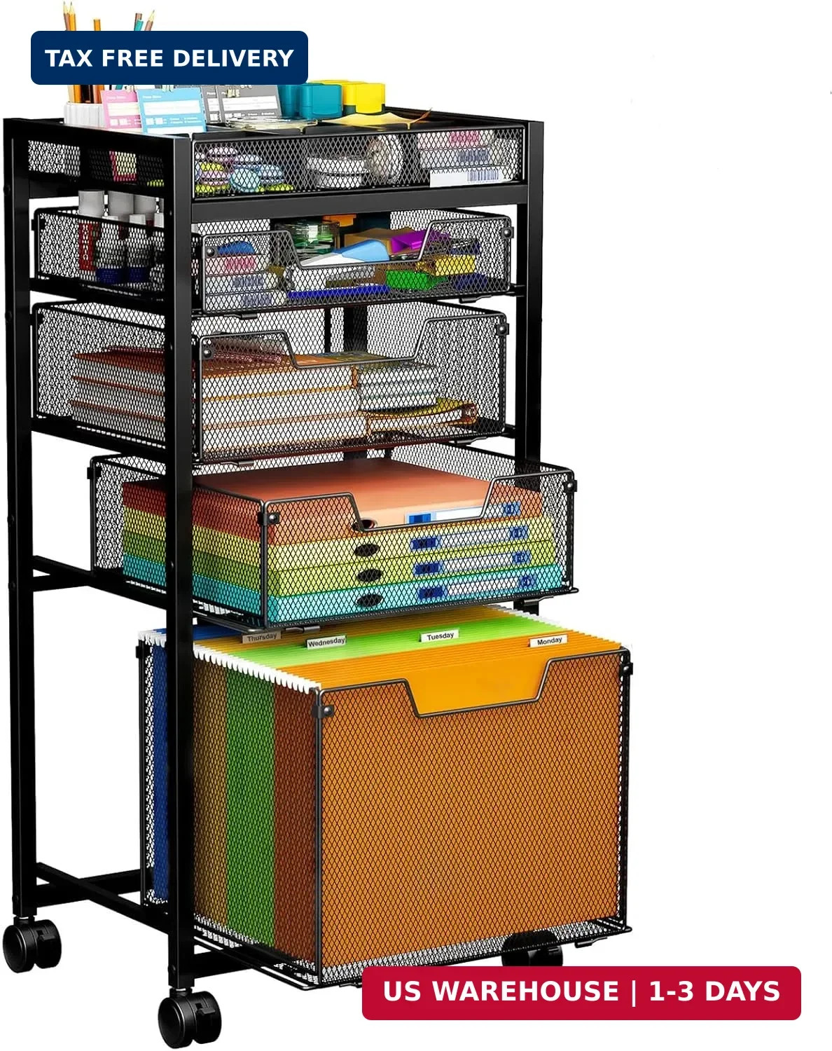 Rolling File Cart with 4 Storage Drawers, Under Desk Organizer with DIY Divider,