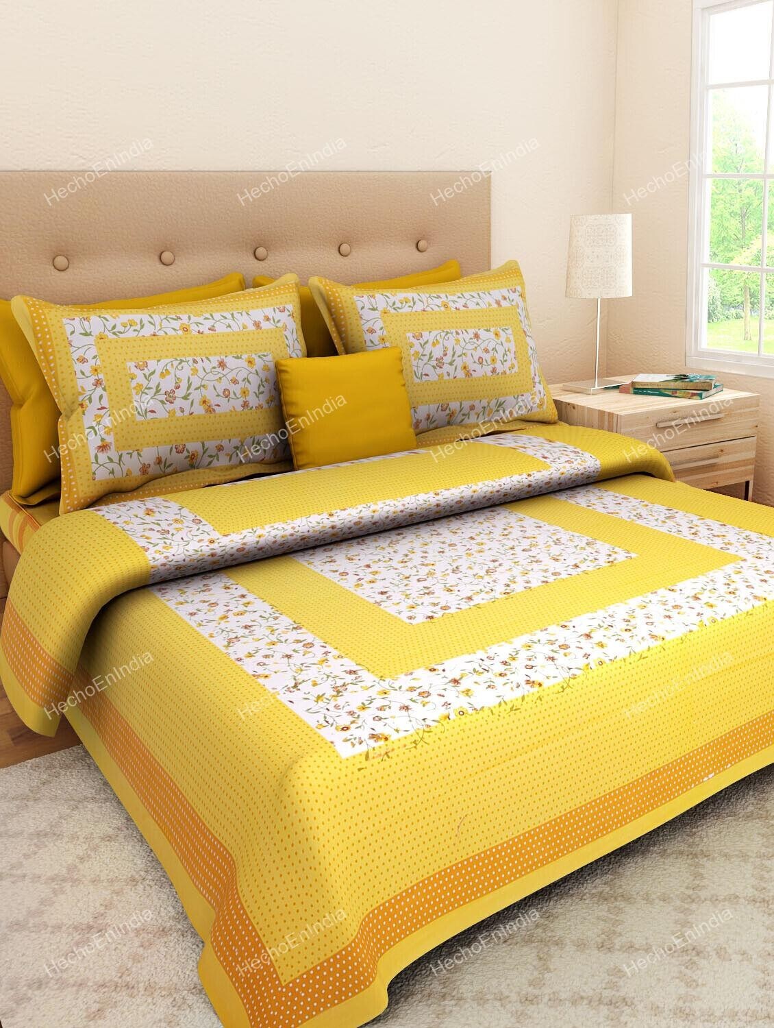 Yellow Jaipuri Printed Cotton Double Bed Sheet With 2 Pillow Cover 90x100