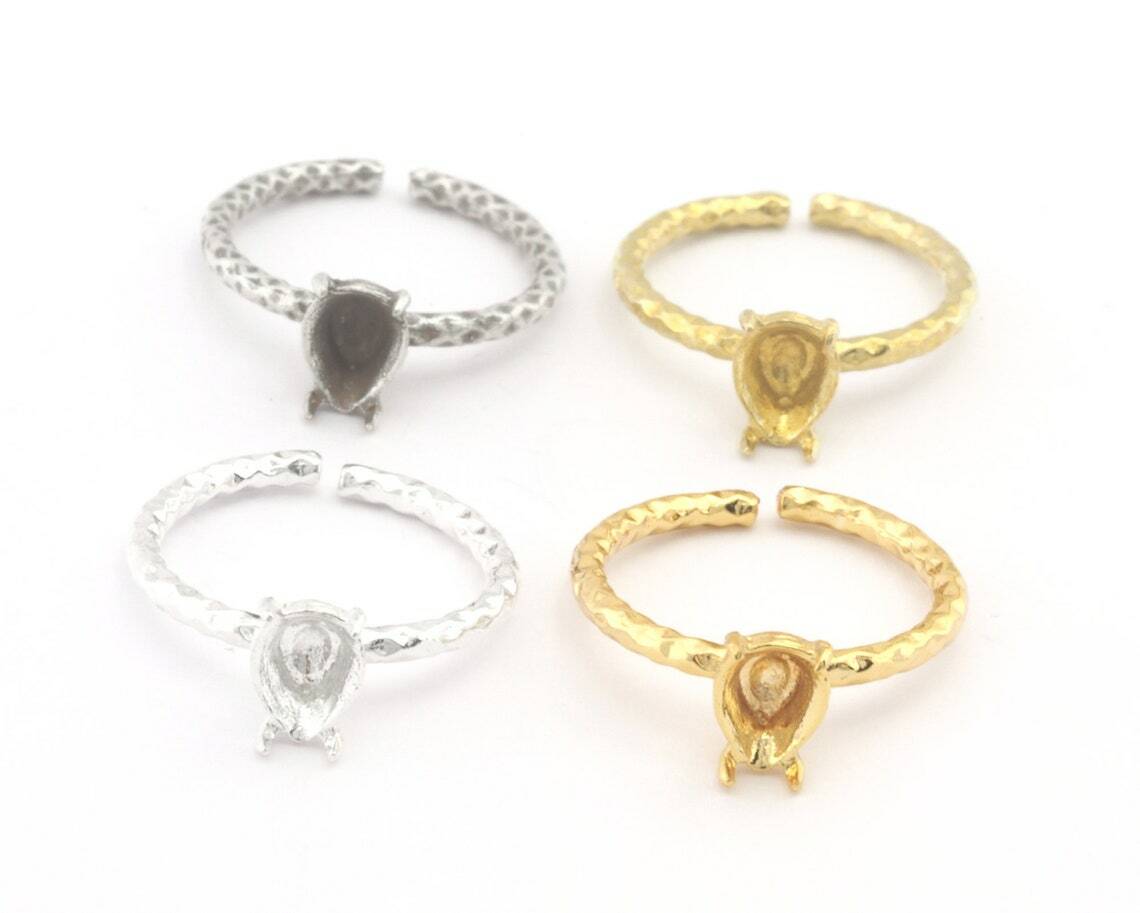 Pear Hammered Ring Base Adjustable Ring Bezel Silver,Raw,Shiny silver-gold 4571