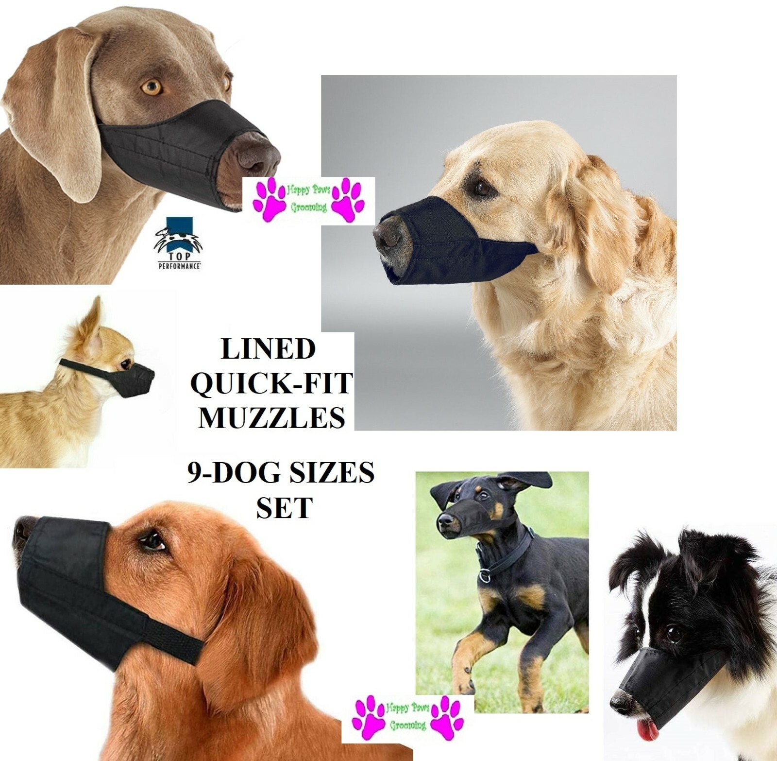 Top Performance 9 pc SET QUICK-FIT LINED COMFORT DOG MUZZLE*Training Groomer Vet
