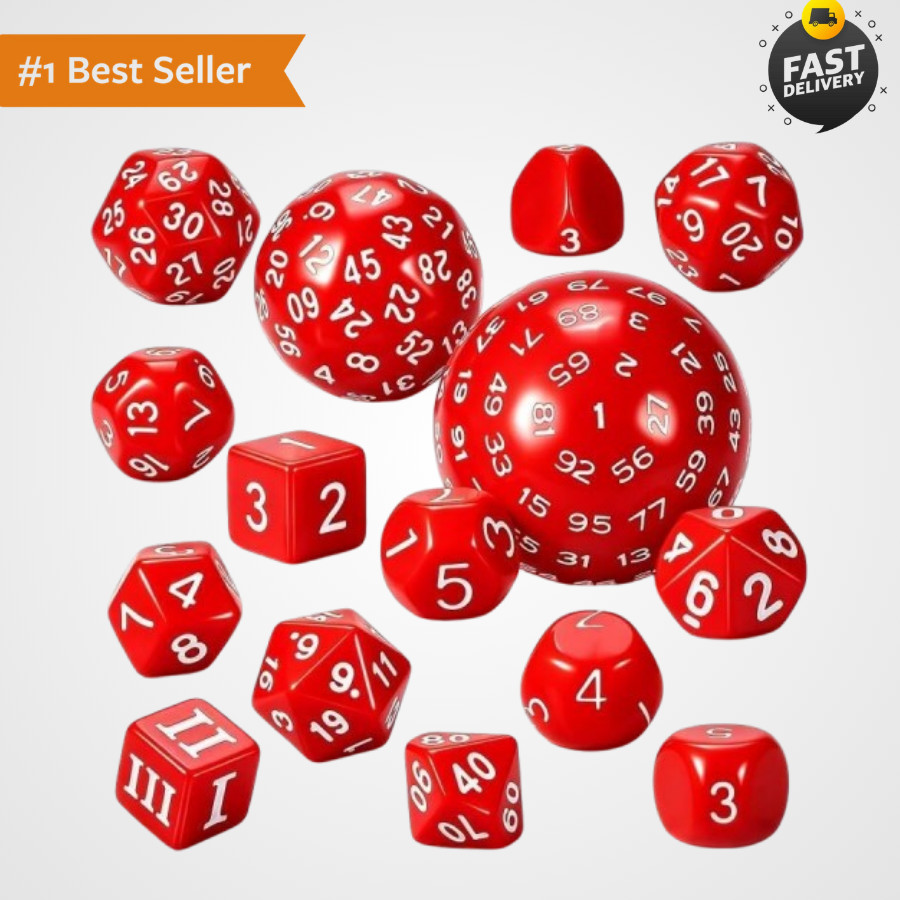 DND Polyhedral Dice Set Red White (15pcs) D4-D100 Game Dice with Dice Bag