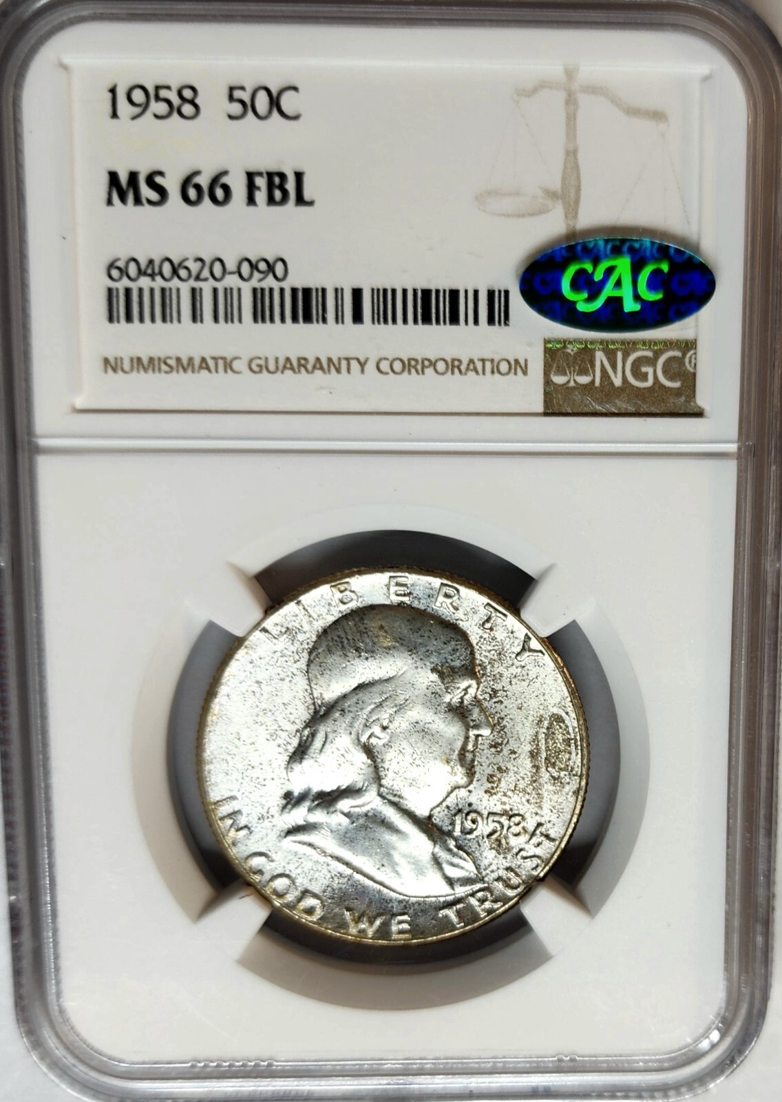 1958-P Franklin Half Dollar MS66 FBL NGC & CAC Beautiful Toning