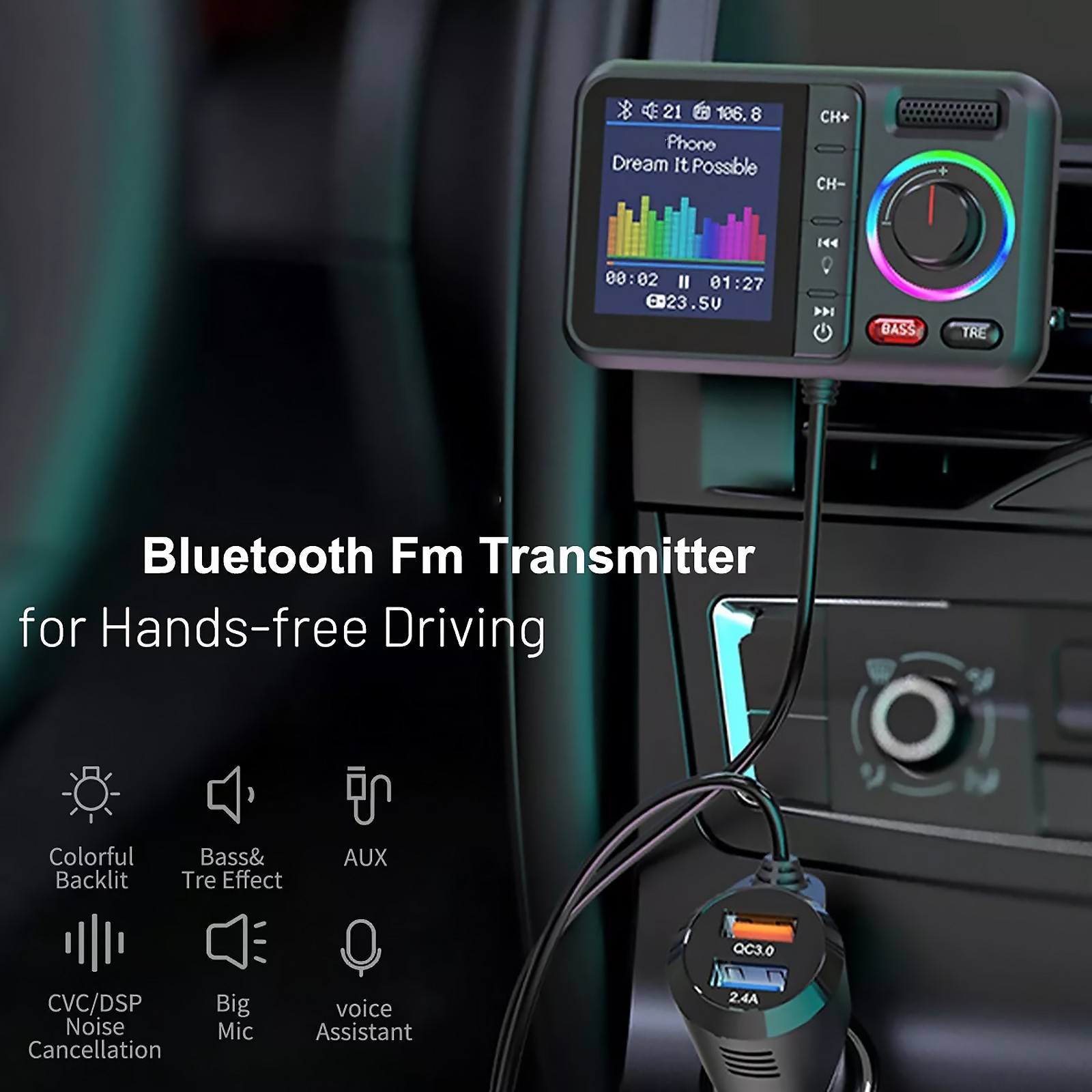 Bluetooth 5.0 Car Wireless FM Transmitter Adapter USB PD Charger Hands-Free