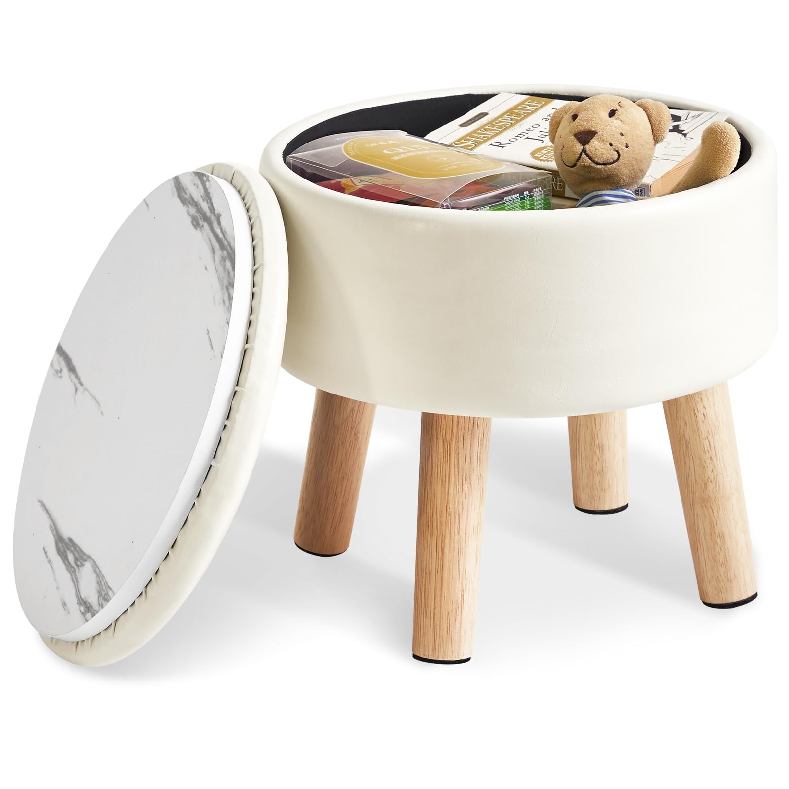 13 Inch Foot Stool Ottoman Storage PU Faux Leather Wood Legs Beige WBD023W
