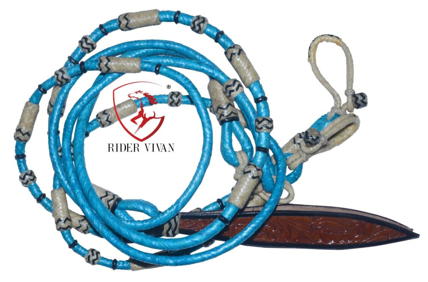 Natural and Sea Blue Rawhide Leather Horse Tack Hand-Braided Western Romal Reins