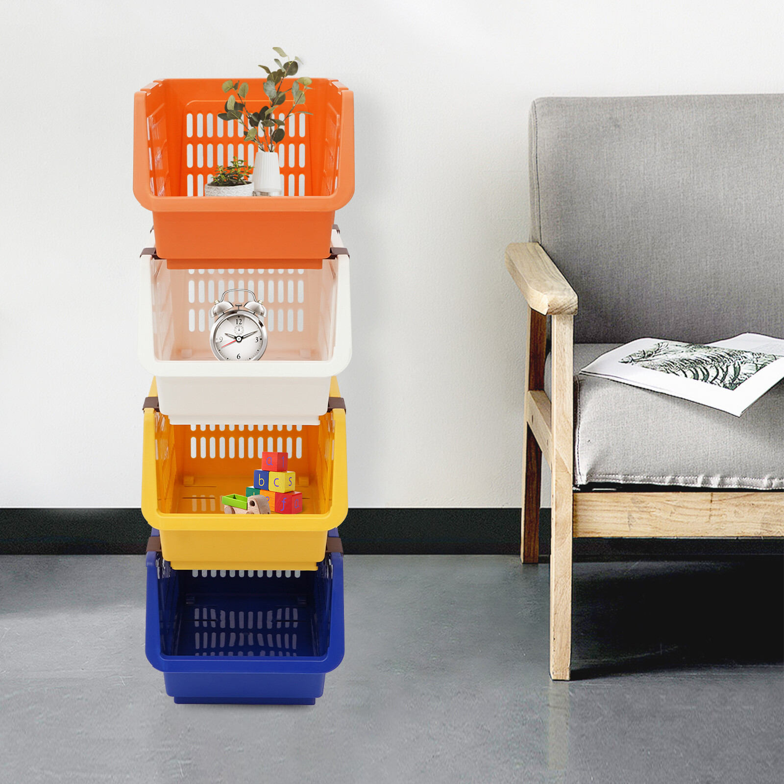 4pcs Stacking Storage Baskets Movable Pp Storage Bins For Toy, Snacks, Fruits
