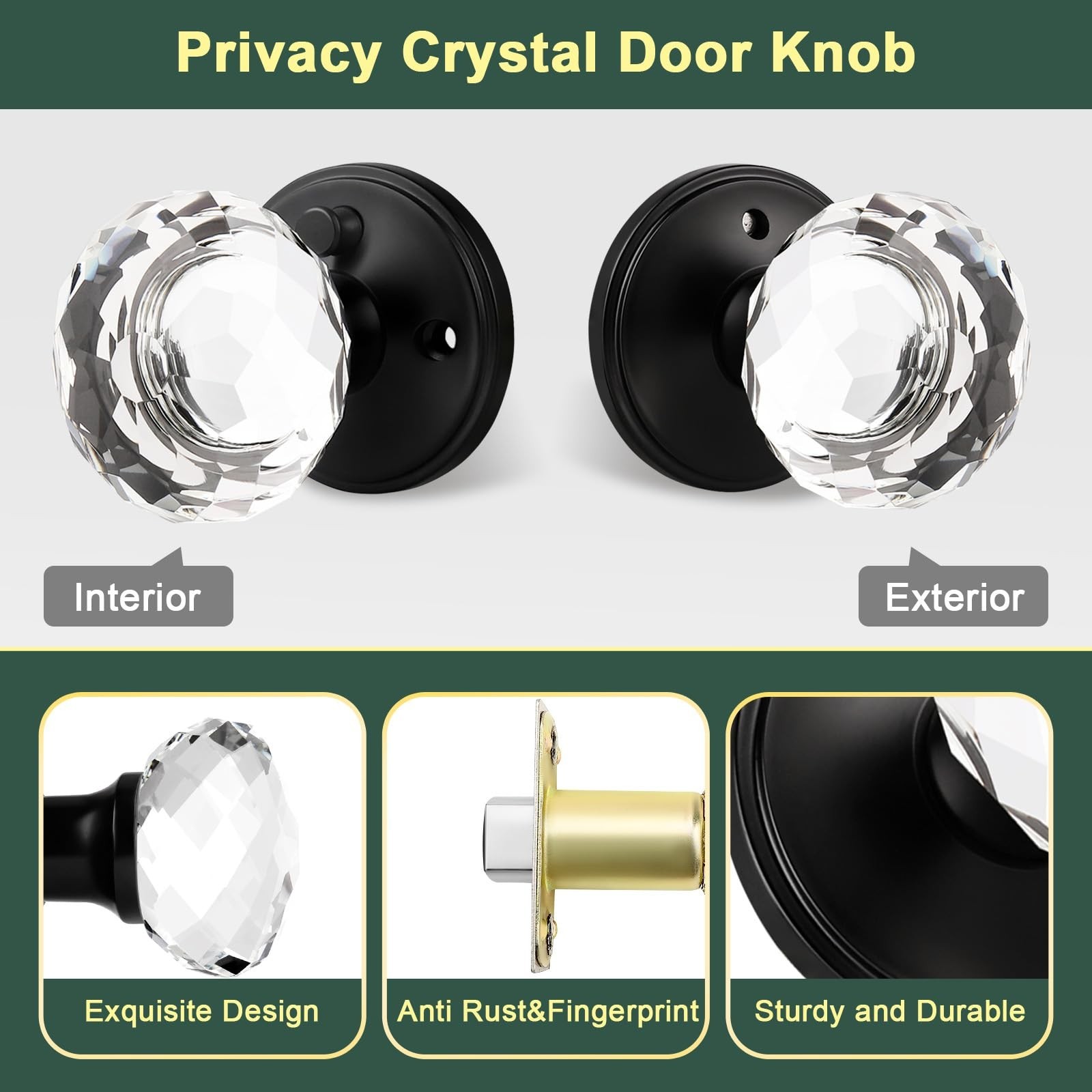 5 Pack Crystal Door Knobs Interior, Elegant Matte Black Glass Door Knobs, Key...