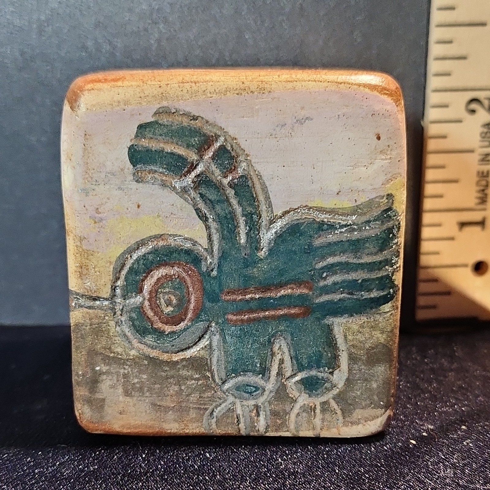 Urubamba Peruvian Pottery Hand-Painted Square Figurine Bird Flower Motif Vintage