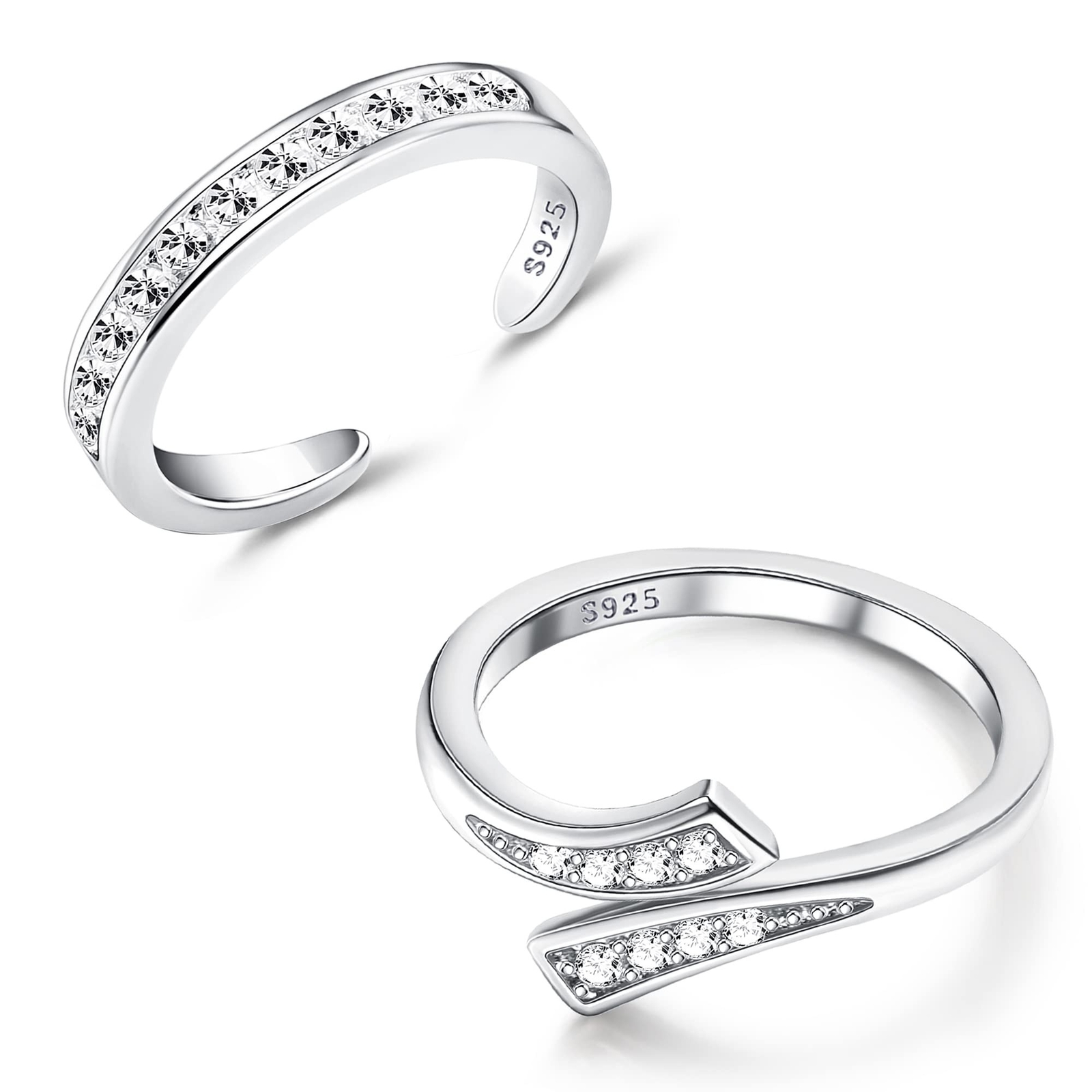 MILACOLATO 2Pcs Sterling Silver Toe Rings Set Cubic Zirconia Adjustable Band ...
