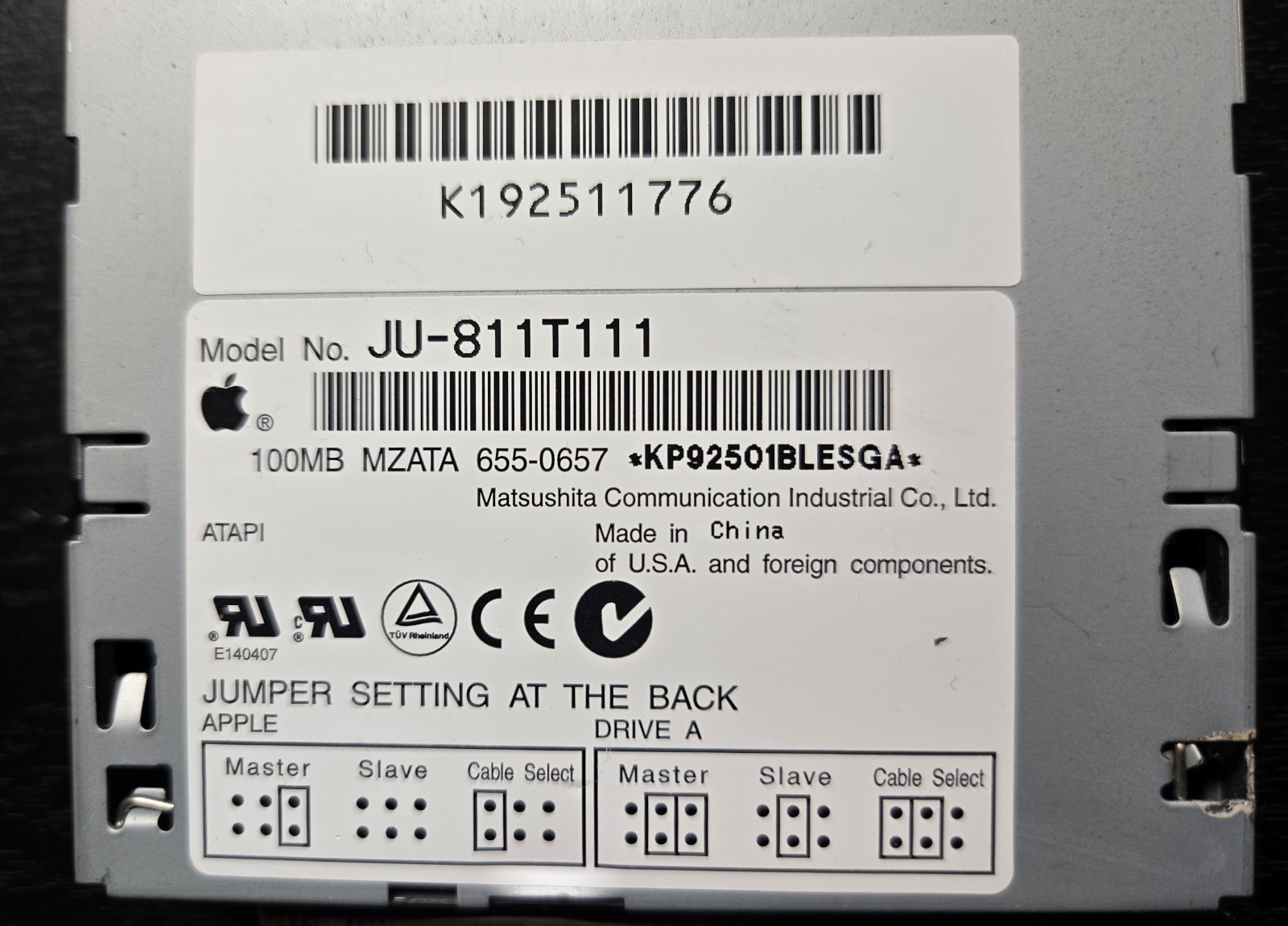 Panasonic JU-811T111 Internal Zip 100 Drive | ATAPI IDE | Translucent Black Face