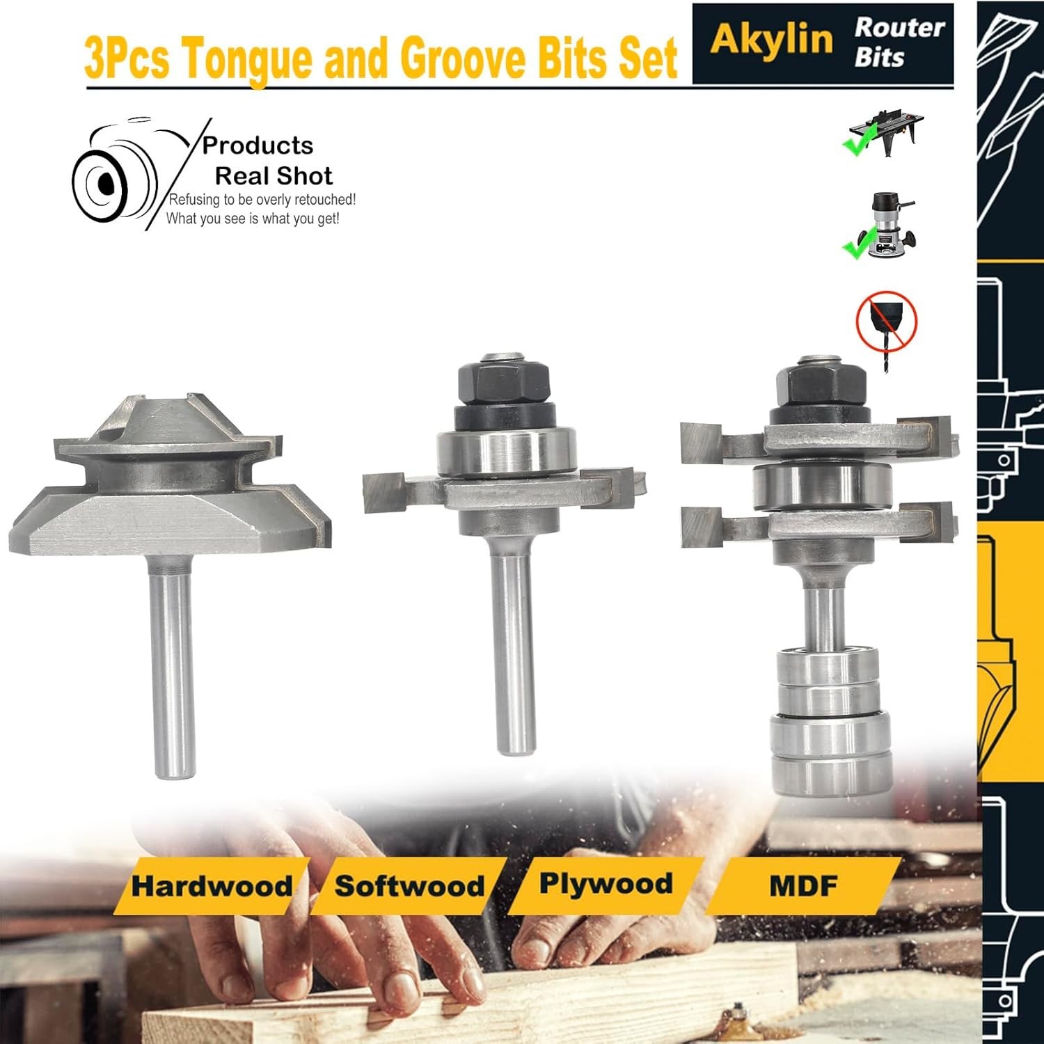3Pc Tongue and Groove Router Bit Set 1/4 Shank,45 Degree Lock Miter Bit,3 Tee...