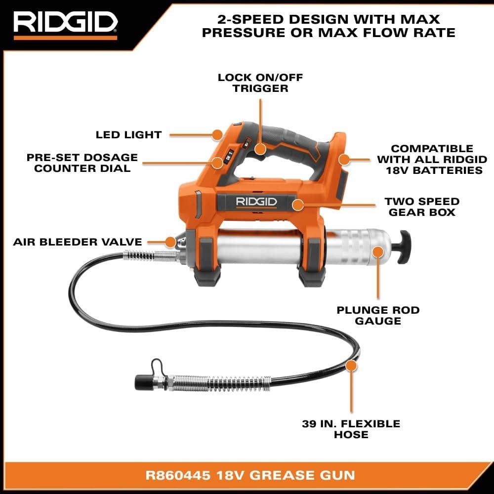 RIDGID Grease Gun 18 Volt Cordless Variable Speed Cushioned Grip Air Tool Only