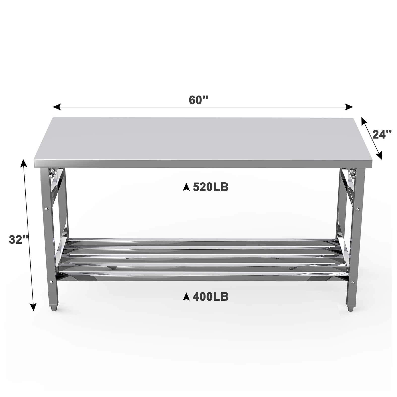 Stainless Steel Workbench 24 x 60 Inche Folding Table with Adjustable Undershelf