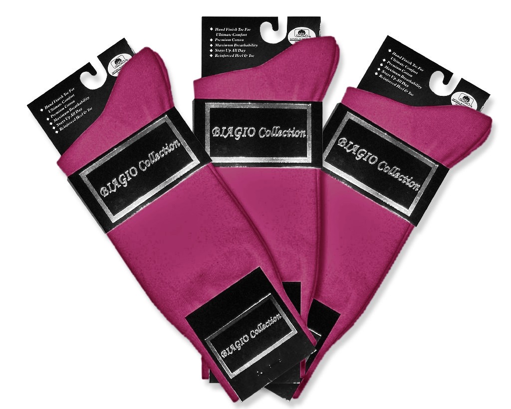 3 Pair of Biagio Men's Solid HOT PINK Fuchsia Color Mens COTTON Dress SOCKS