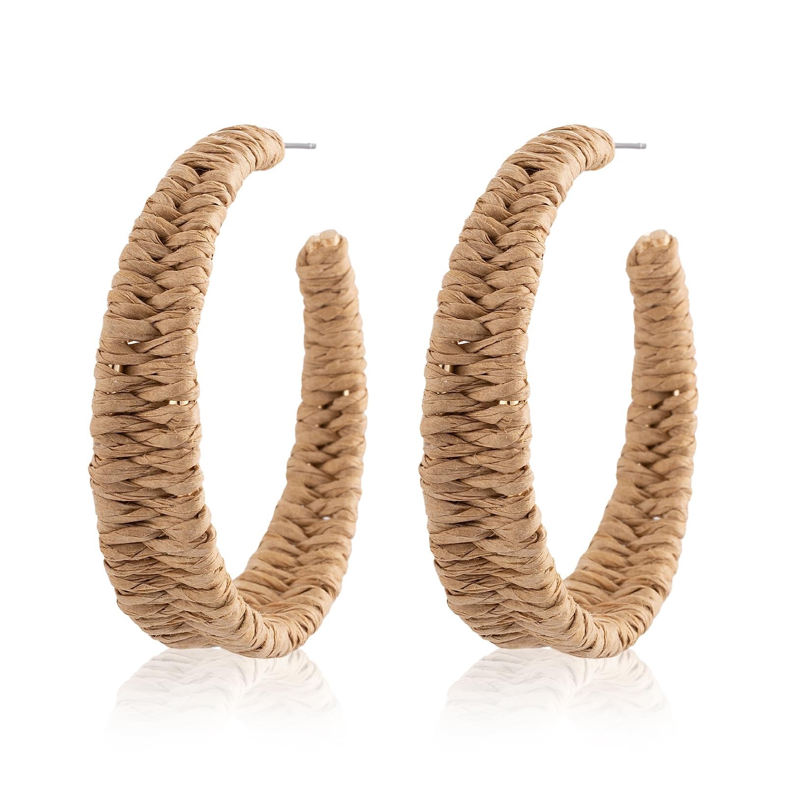 SELOVO Boho Raffia Rattan Chunky Drop Open Hoop Earrings for Women Brown