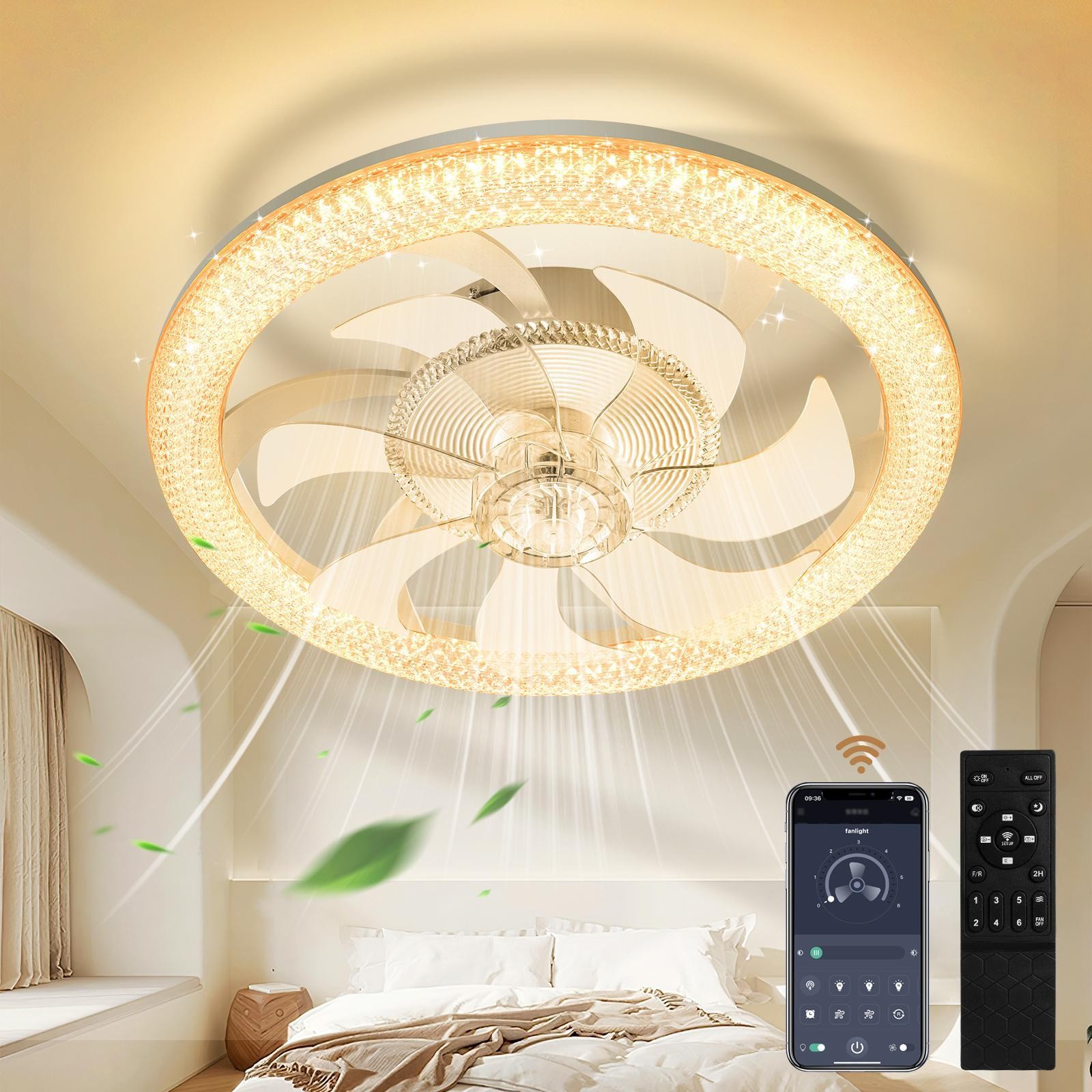 19" Ceiling Fan Light White Flush Mount LED Fixture With Remote APP Control Kit