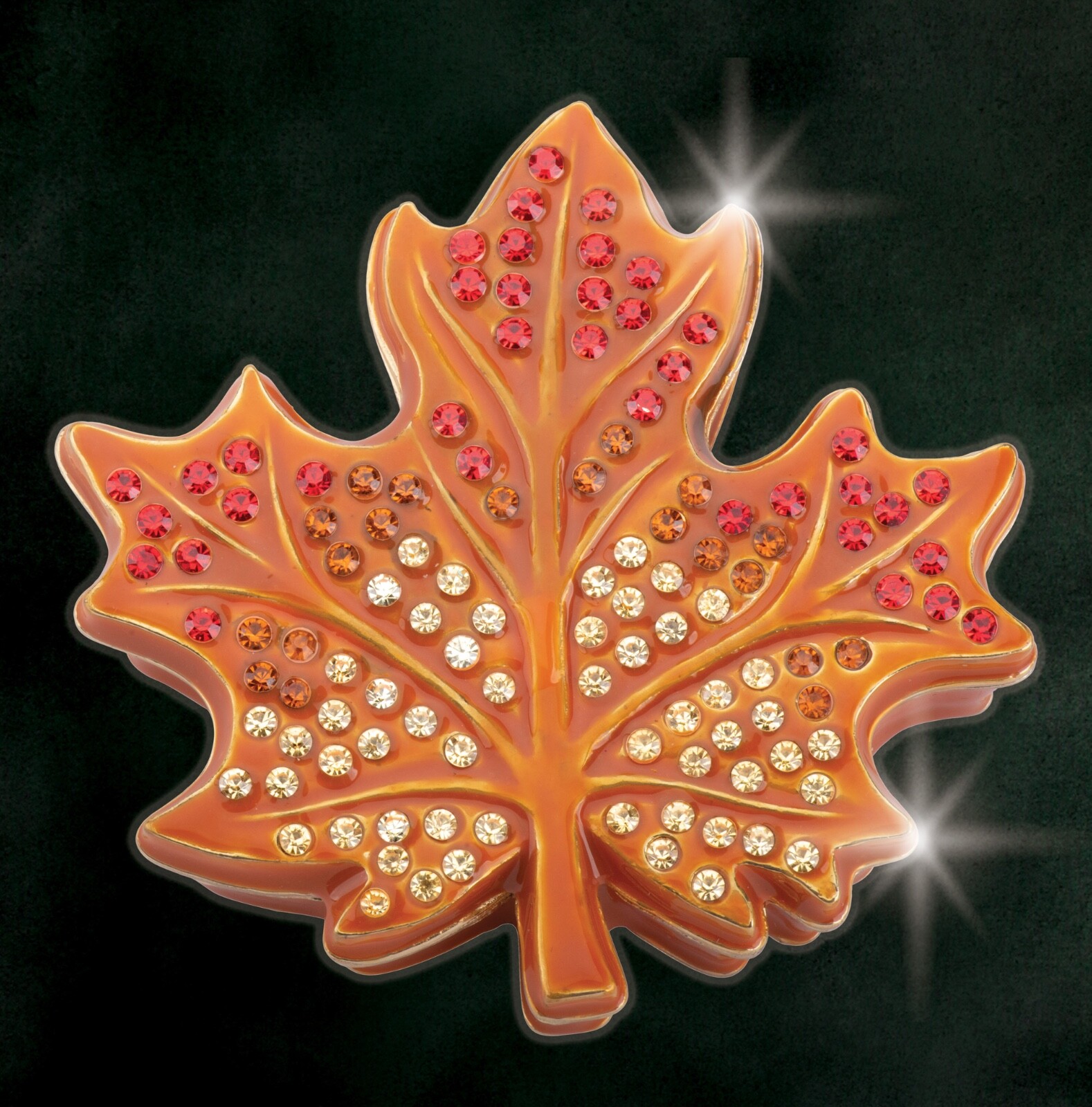 Artist Greg Arbutine Metal Maple Leaf Box  Caramel Enamel and AAA+ Crystals