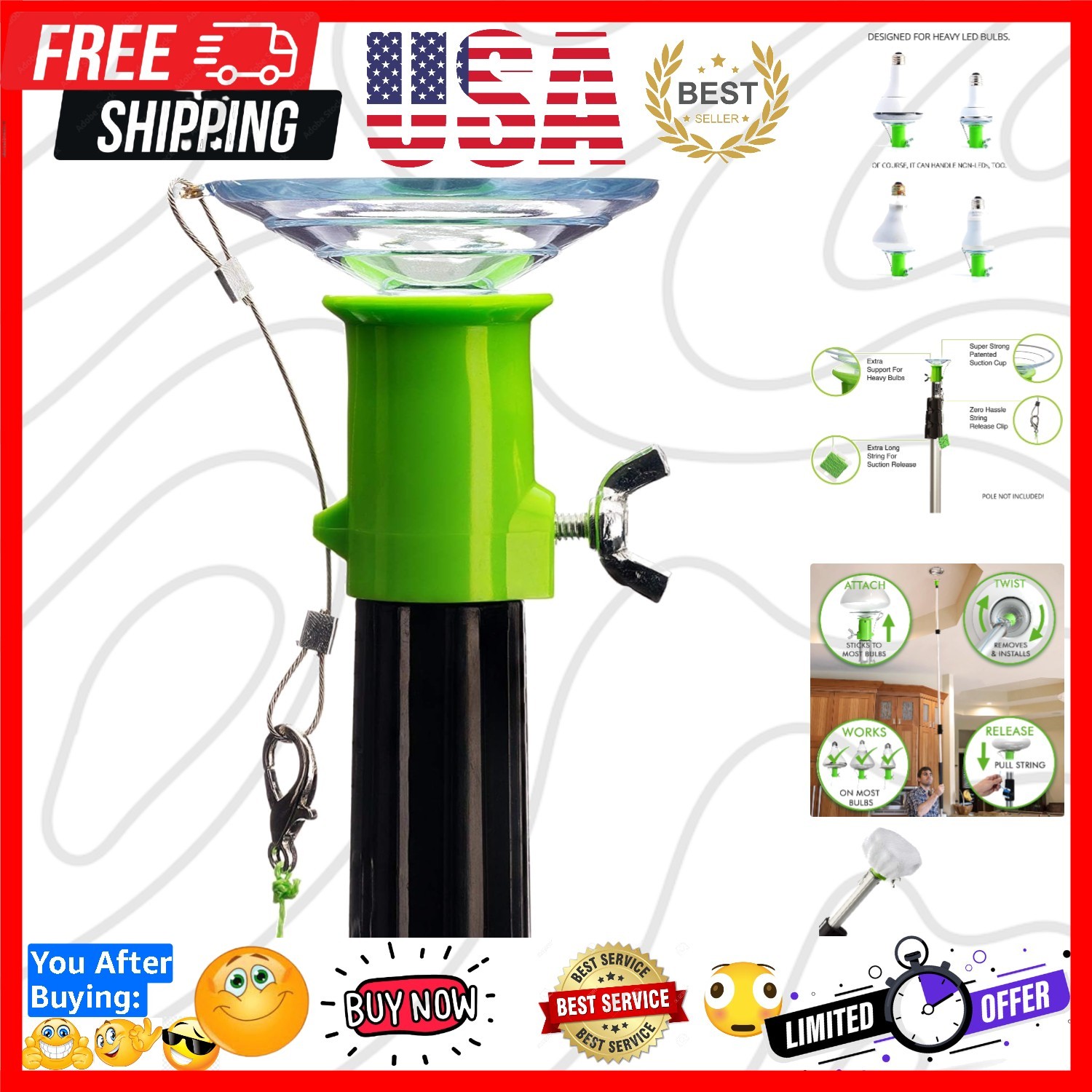 Best Bulb Changer Green, No Pole, Large Suction