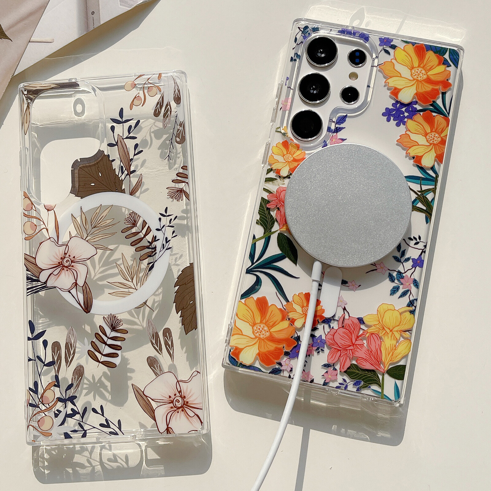 For Samsung Galaxy S25 Ultra S24 S23 FE Clear Floral Shockproof Mag Safe Case