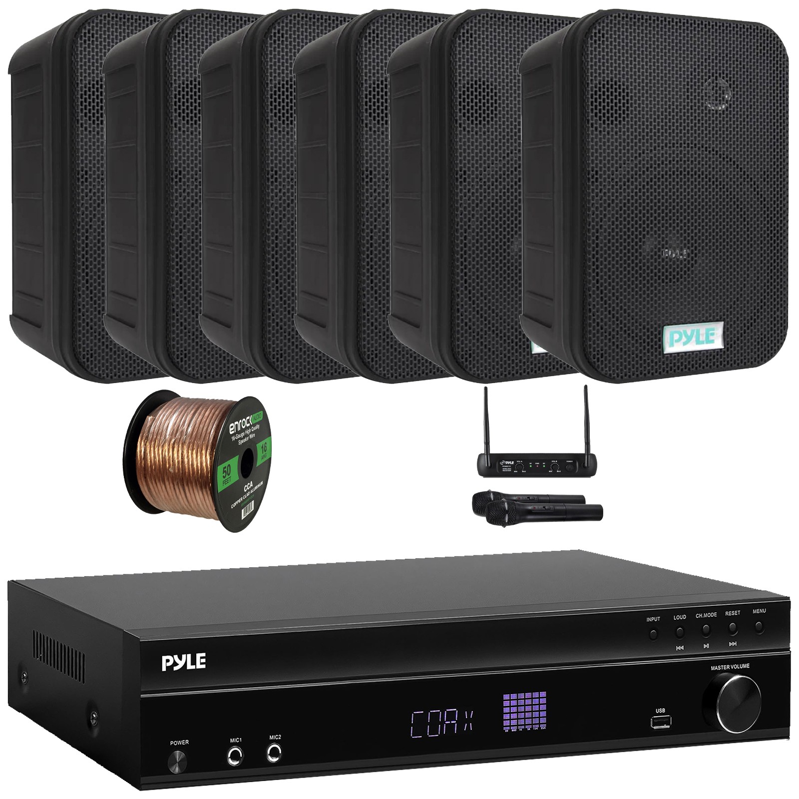 Pyle 1000W Bluetooth Amplifier Receiver, 6x 6.5'' 500W Black Speakers W/ Mic