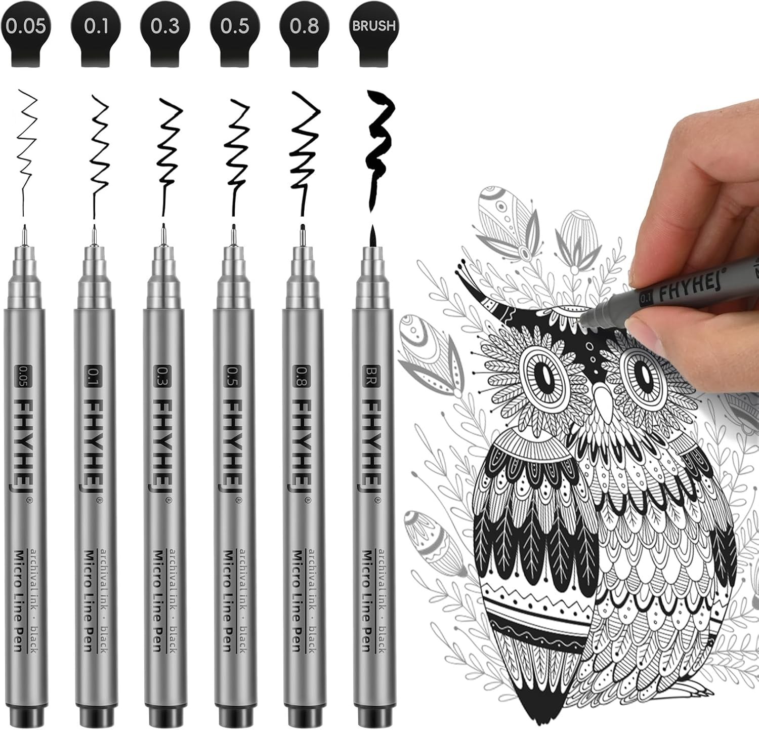 Micro Fineliner Drawing Art Pens: 6 Black Fine Line Ink Set Artist