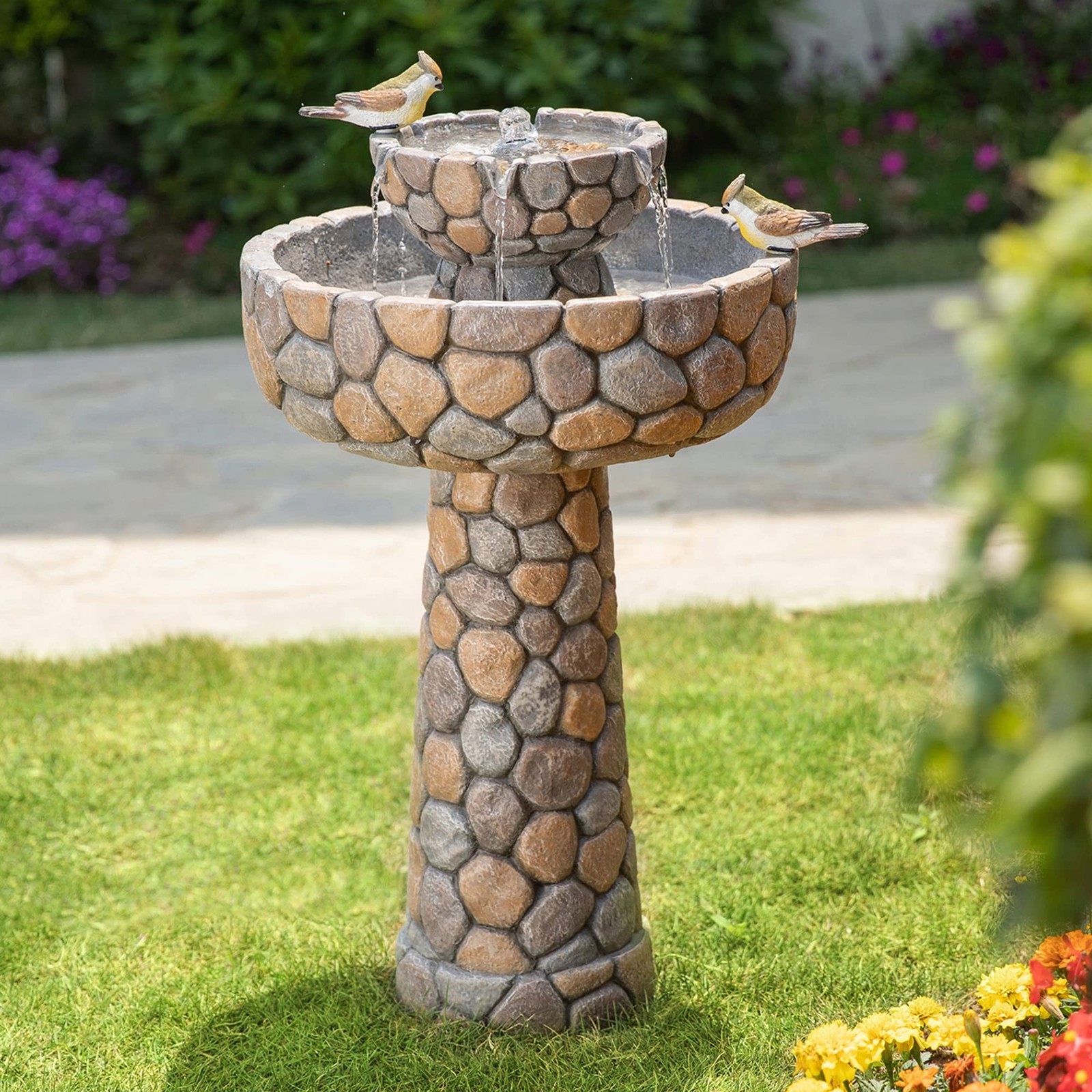 Glitzhome 2-Tier Stone Like Outdoor Water Fountain with Birds, Bird Bath Outd...