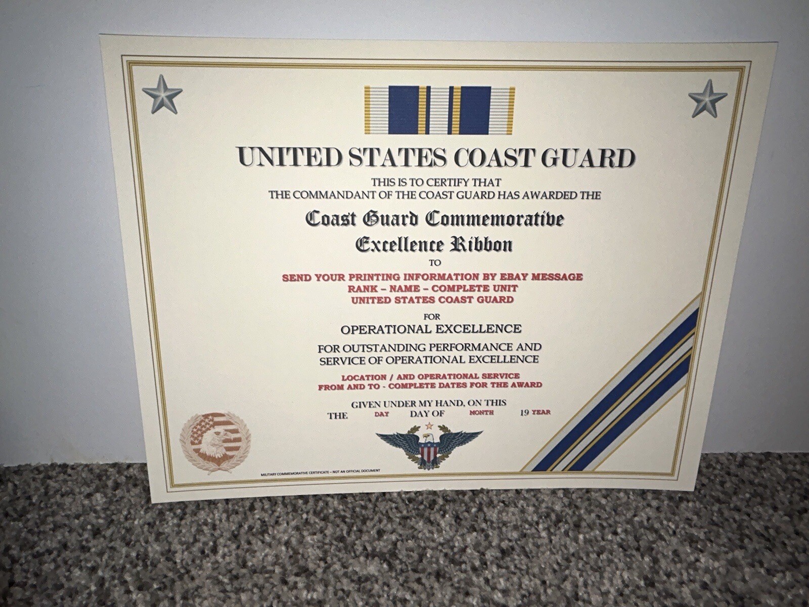 U.S. COAST GUARD COMMEMORATIVE EXCELLENCE RIBBON CERTIFICATE~W/PRINTING T-1