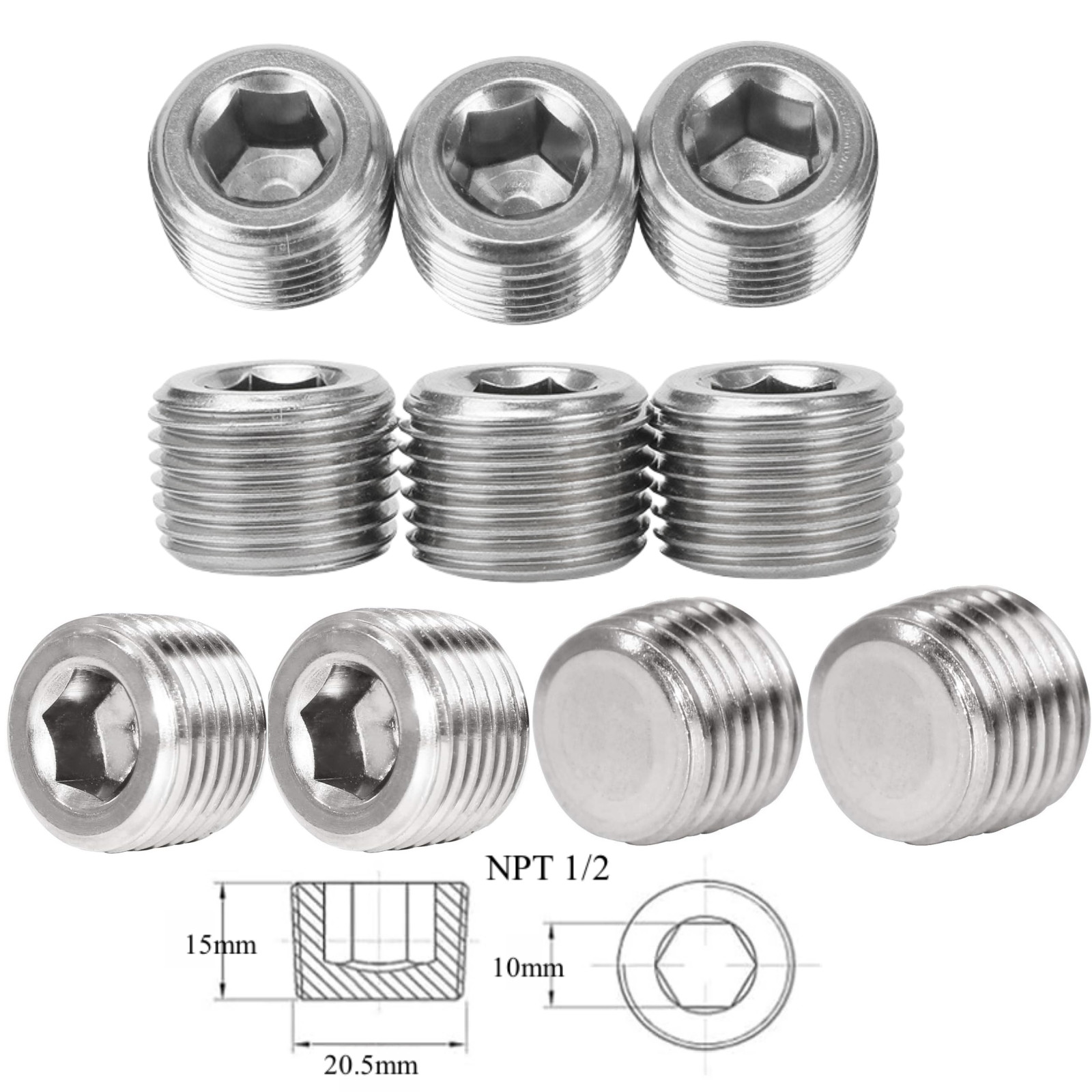 10pcs Thread Socket Pipe Plug STAINLESS STEEL PLUG ALLEN HEAD 1/2" NPT PIPE