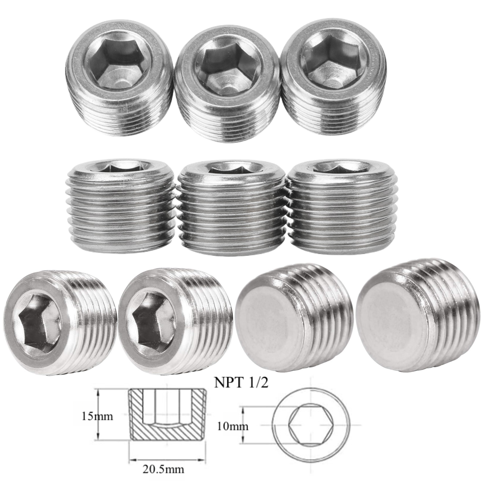 10pcs Thread Socket Pipe Plug STAINLESS STEEL PLUG ALLEN HEAD 1/2" NPT PIPE