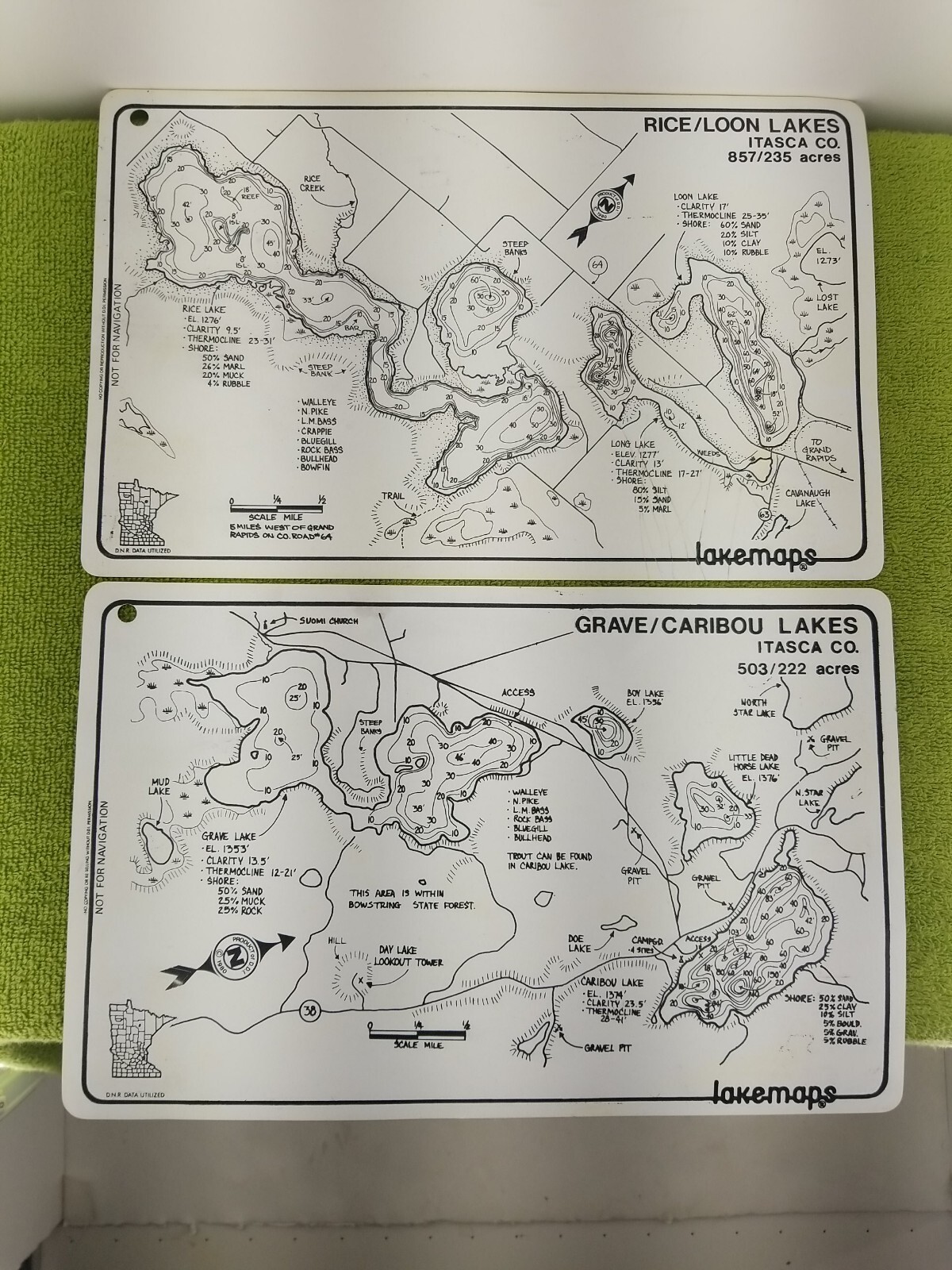 2 Vintage Lakemaps Minnesota Itaska Co. Rice/Loon, Grave/Caribou Lakes Fishing