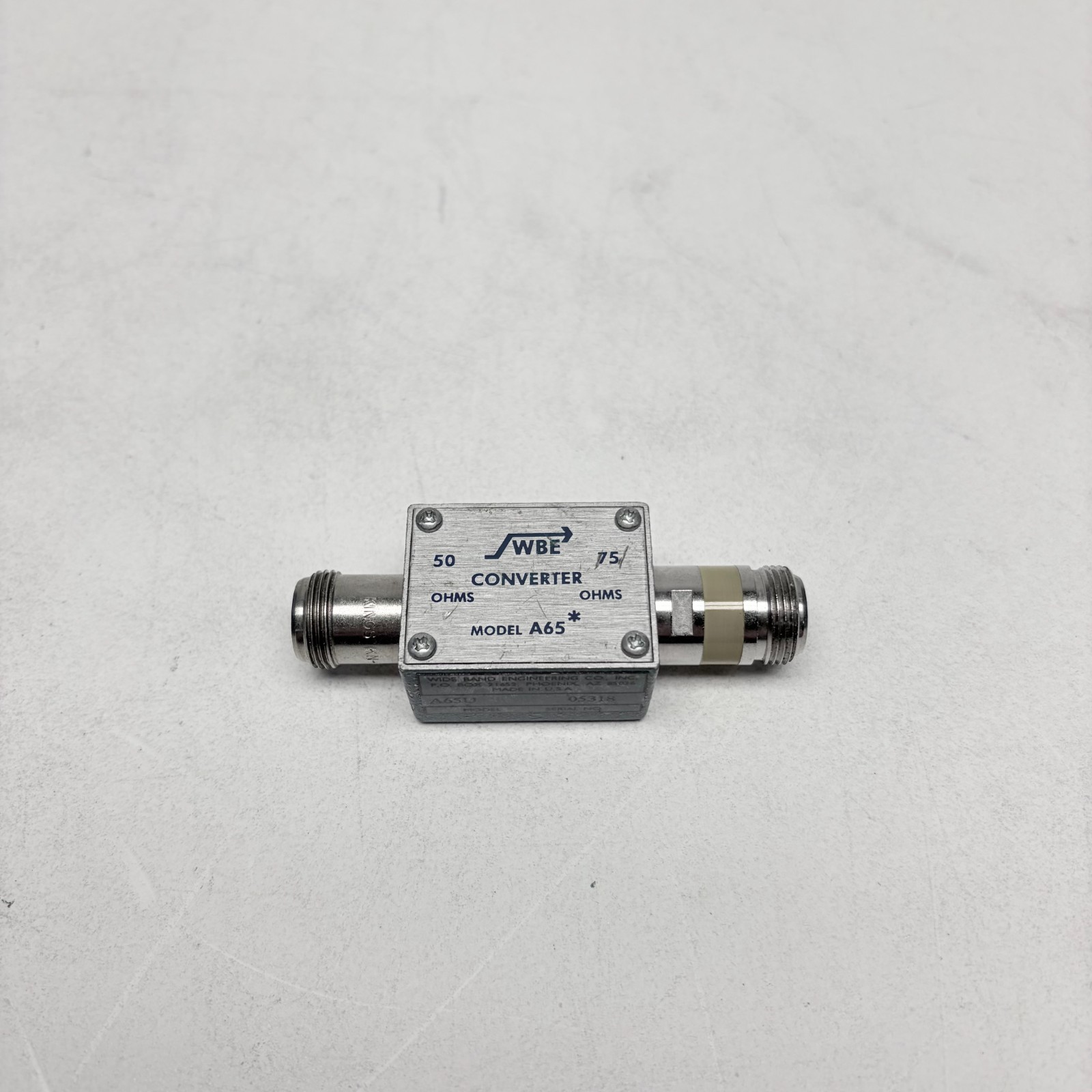 Wide Band Engineering A65U 50 to 75 Ohm Impedance Converter N-Female to N-Female