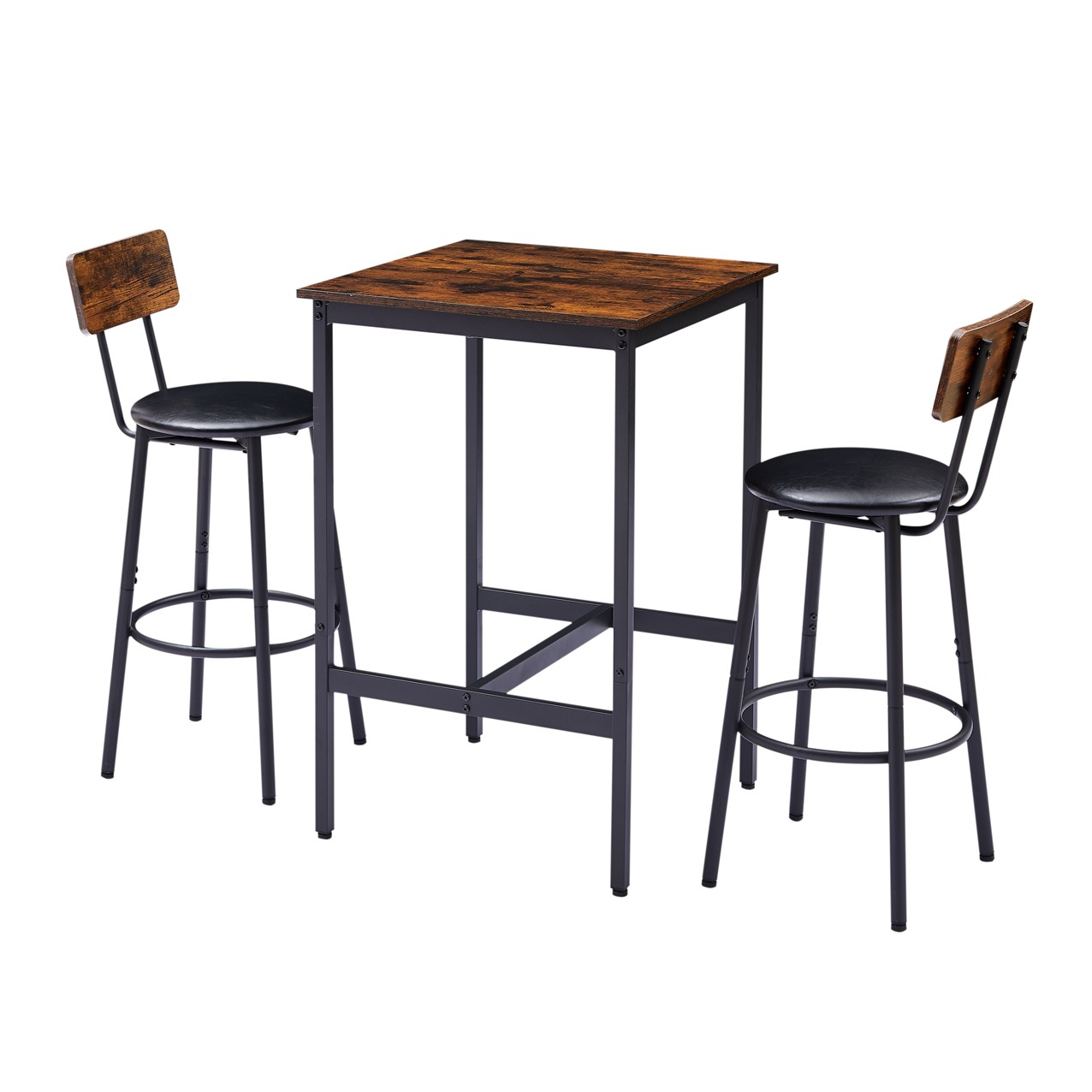 Bar Table Set with 2 Bar stools PU Soft Seat with Backrest Rustic Brown