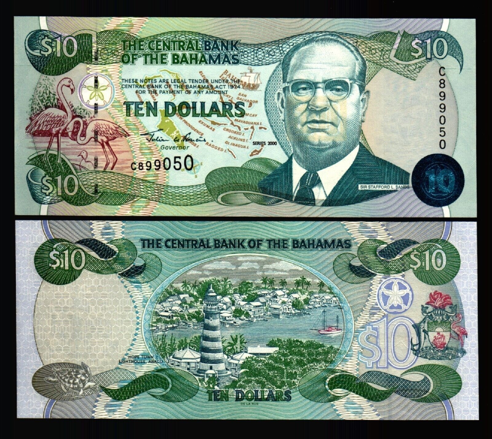 Bahamas 10 DOLLARS P-64 2000 Flamingo Ship UNC Rare Bahamian World Currency NOTE