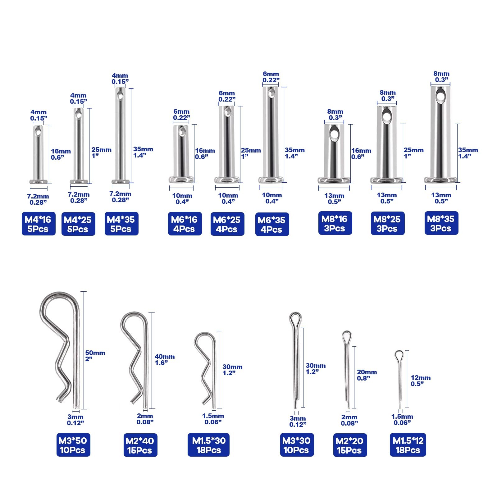 122pcs Clevis Pin Hair Pin Assortment Zinc-Plated Single Hole R Clip Hitch Pin