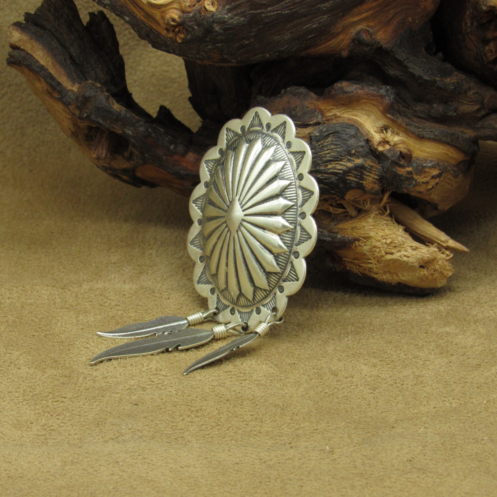 Sterling Silver Concho Button Cover With Dangling Silver Feathers
