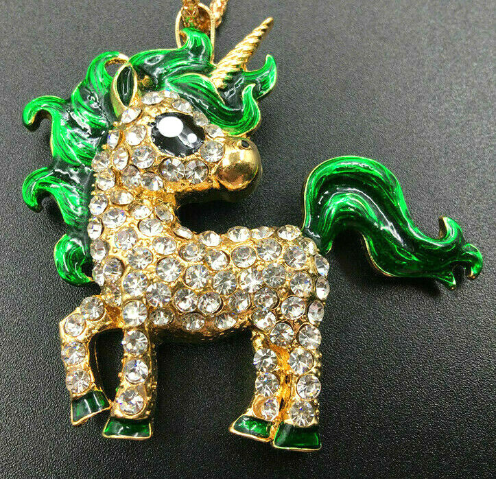 Sunshine UNICORN Horse GREEN Rhinestone Betsey Johnson Necklace Pendant Brooch