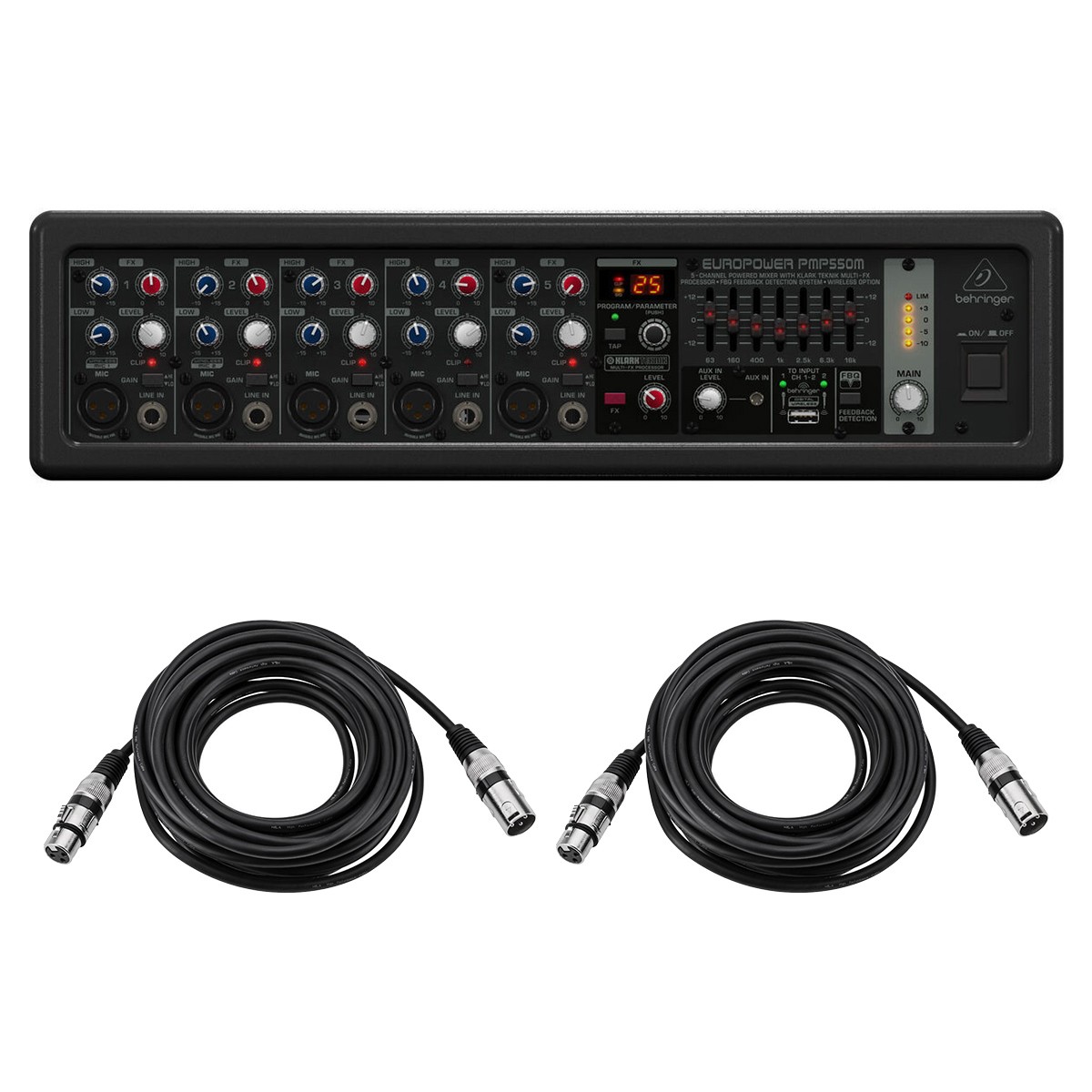 Behringer EUROPOWER PMP550M 500W 5-Channel Powered Mixer, Bundle with 2x 25' XLR