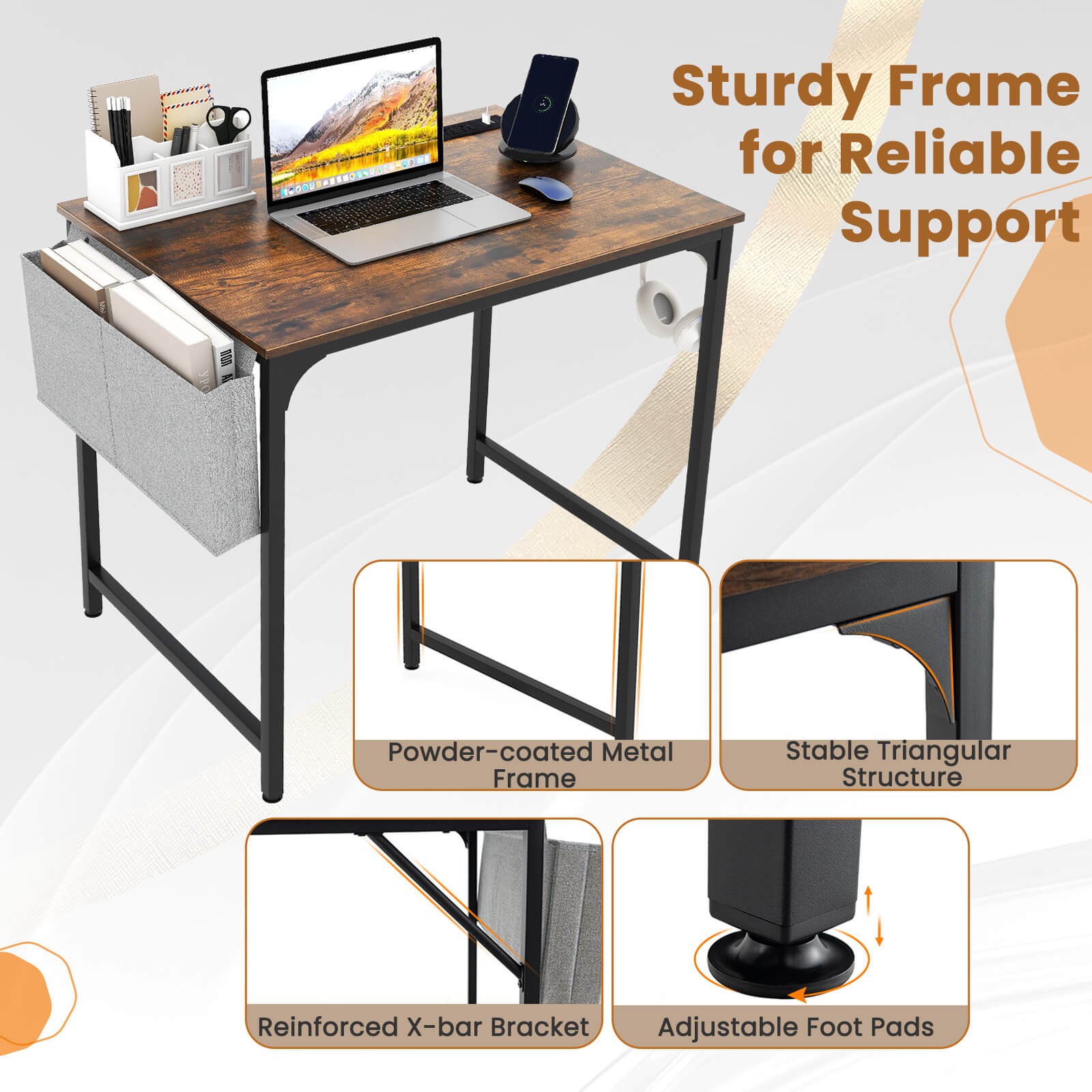 32" Computer Desk Small w/ Headphone Hook & Charging Station Storage Bag