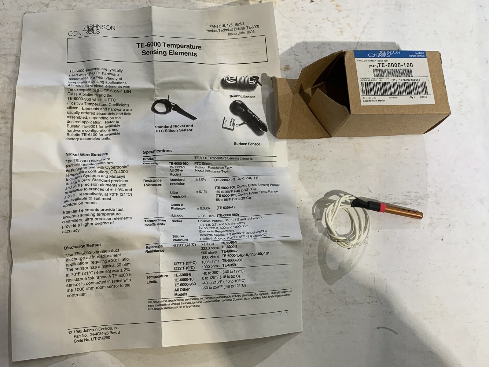 Johnson Controls TE-6000-100 Temperature Sensor - NIB