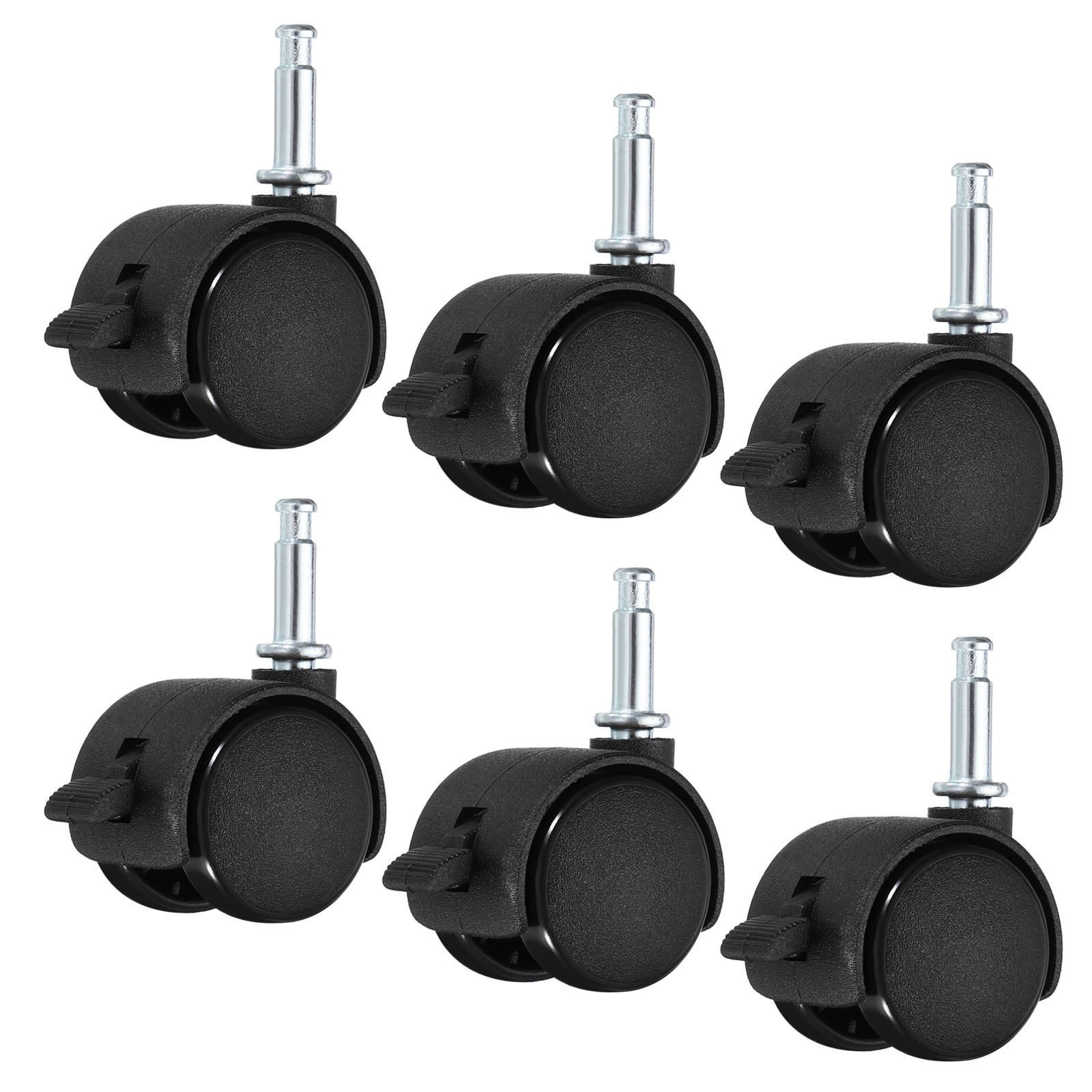 6Pack 360 Degree 1.2" Nylon Insert Swivel Stem Casters with Brake Black
