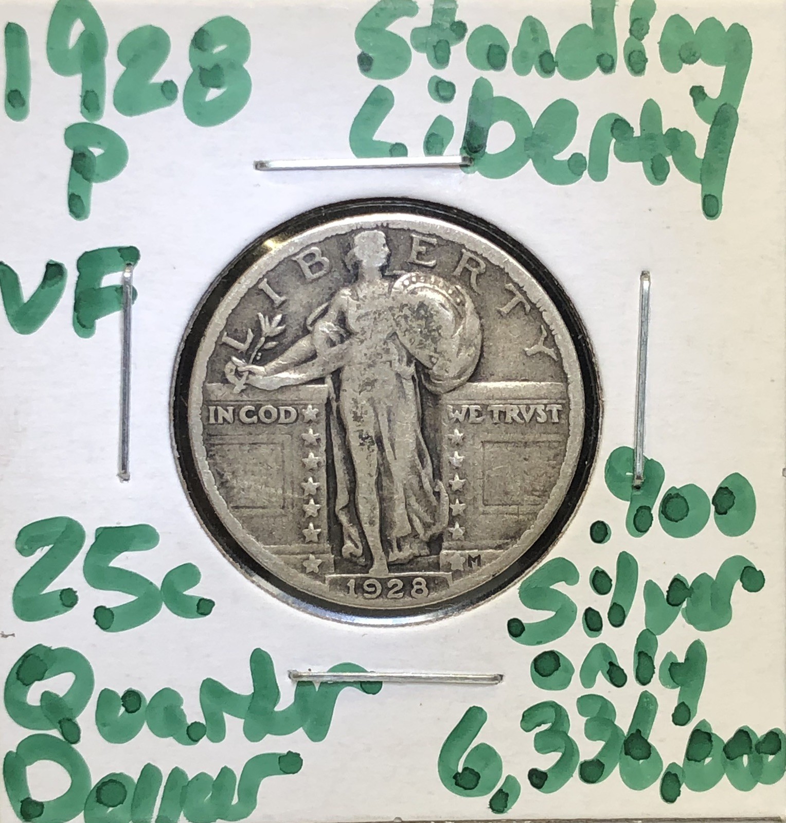 1928 Standing Liberty Silver Quarter VF - Better Date - Only 6,336,000 Minted