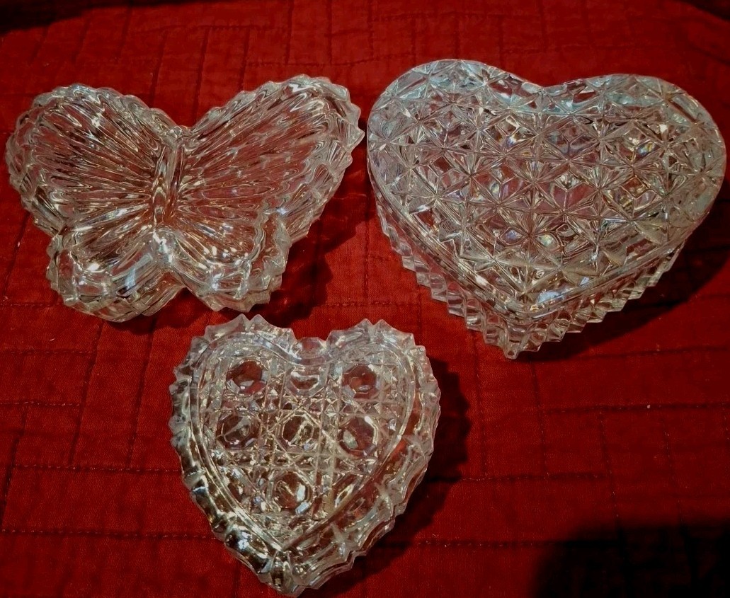 Set Of 3 Heavy Cut Glass Trinket Boxes Butterfly And Hearts