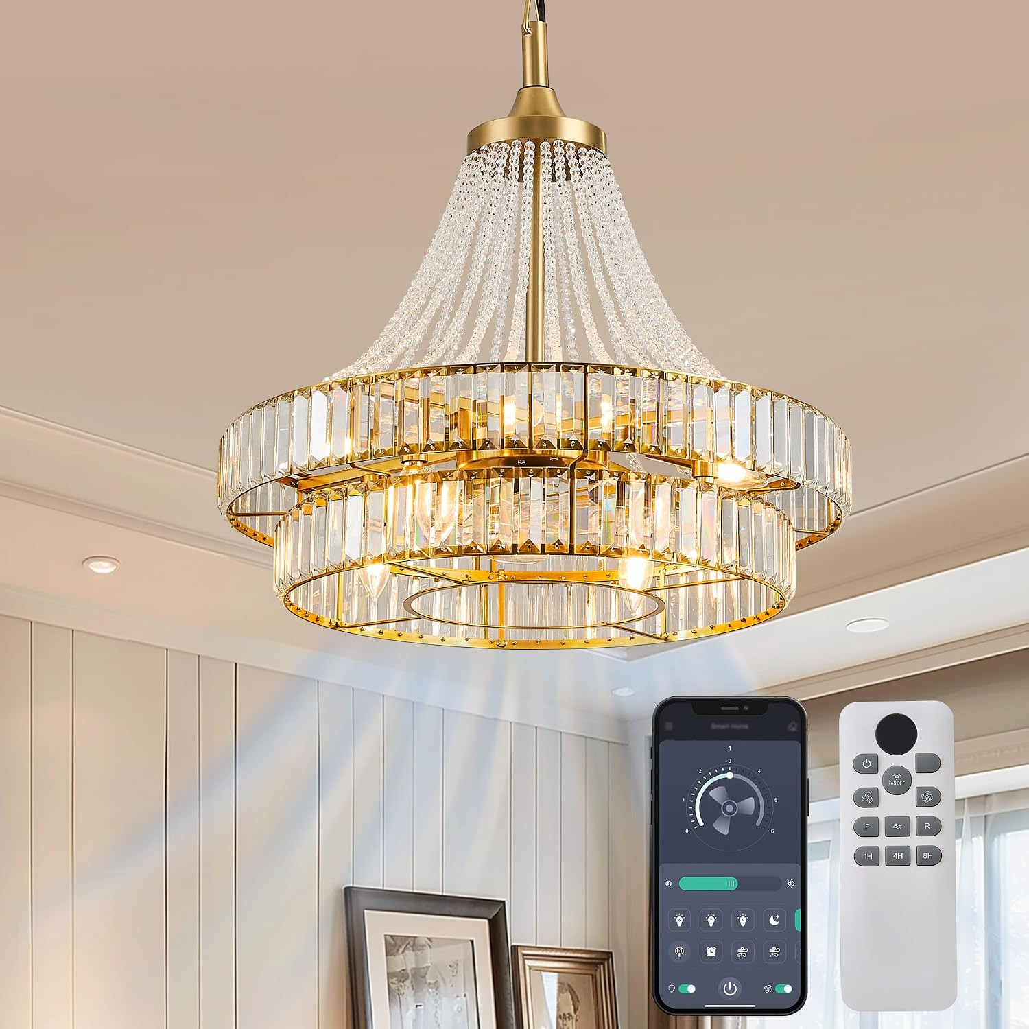24" Modern Crystal Caged Fandelier, Smart Chandelier Fan with Remote and APP Con